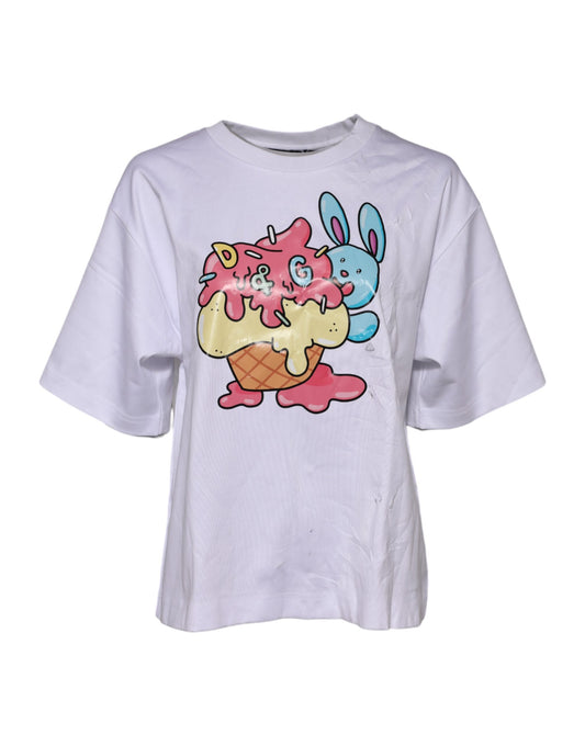 White t-shirt with cartoon design on front