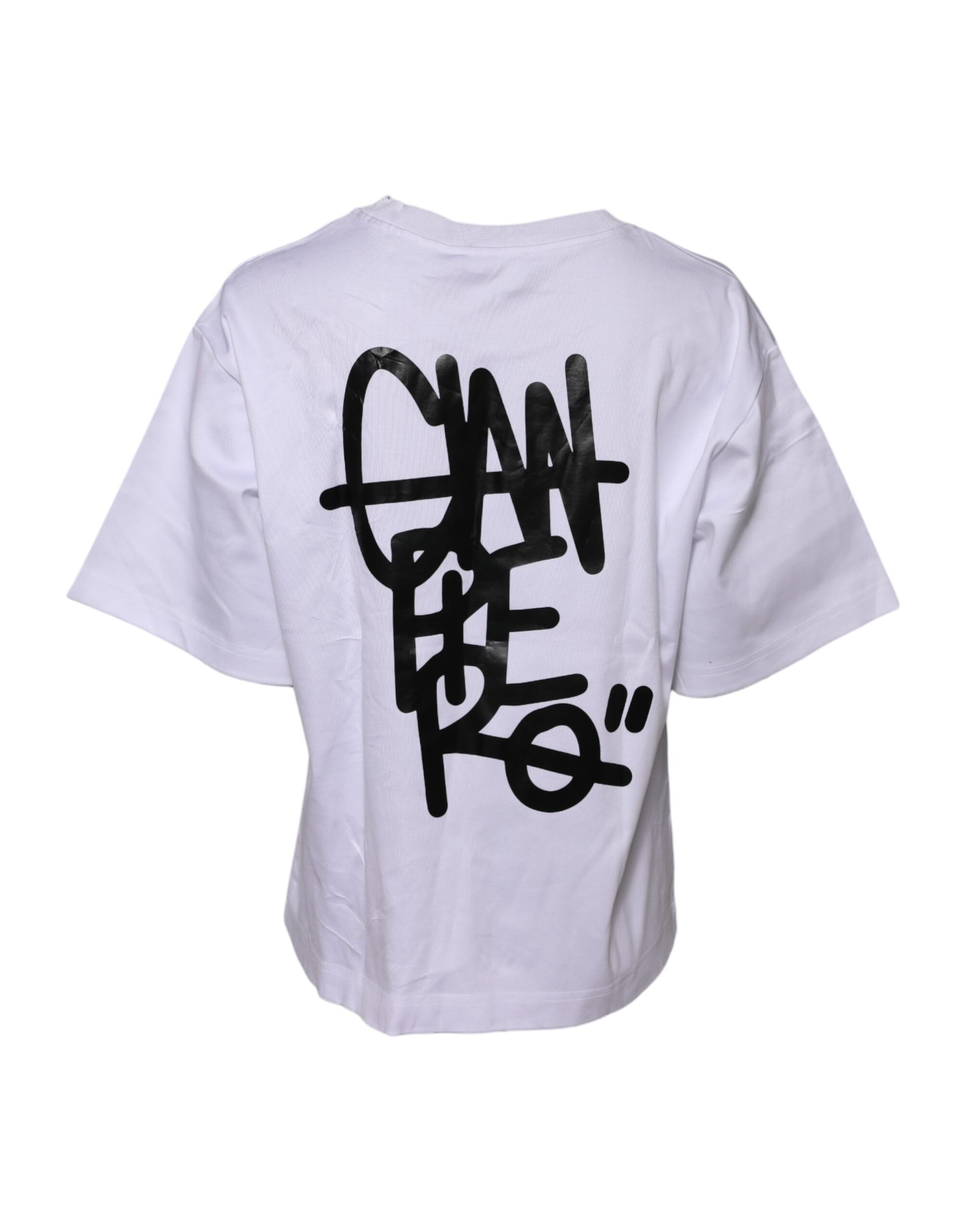White t-shirt with black graffiti print on back