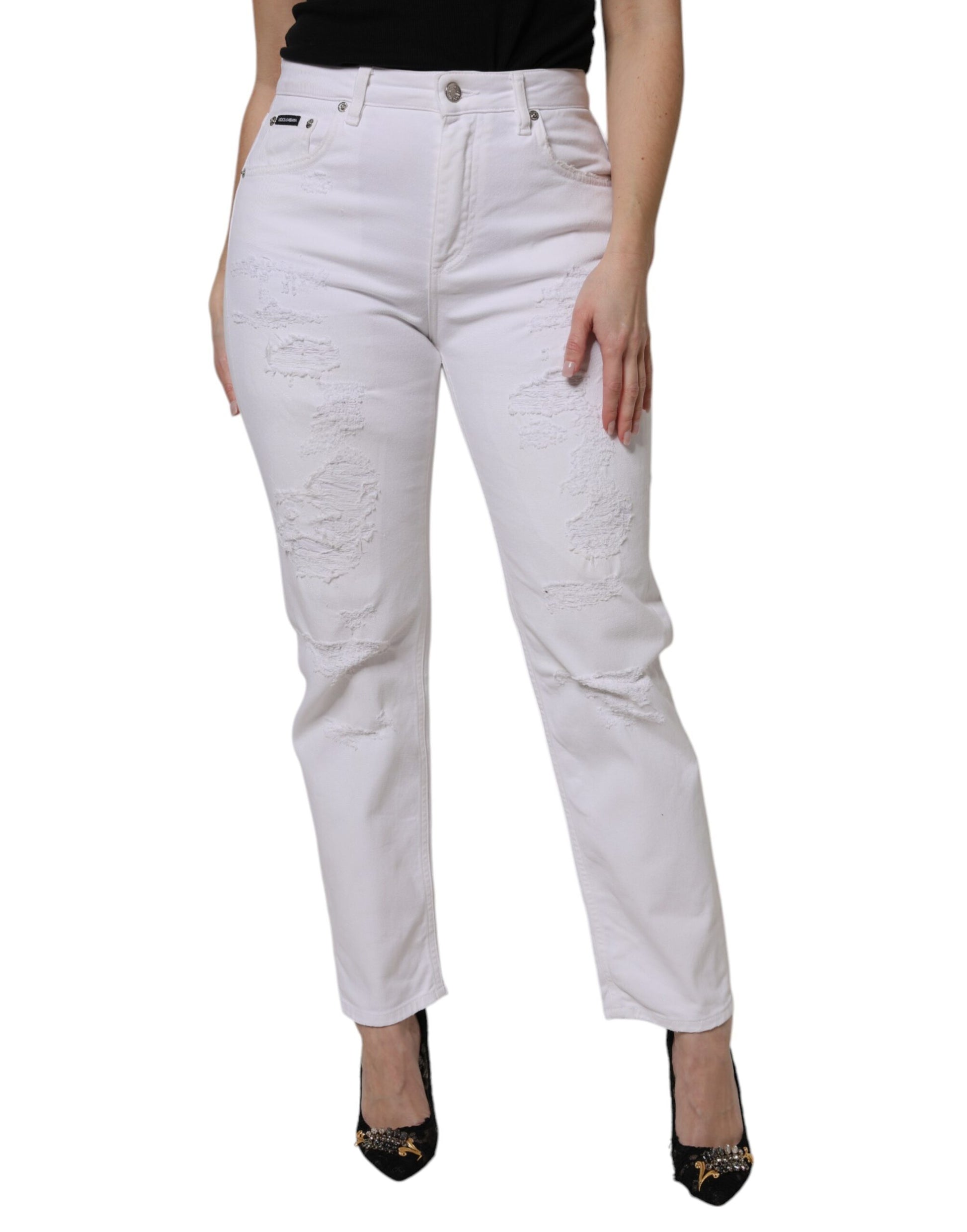 White distressed jeans on a model