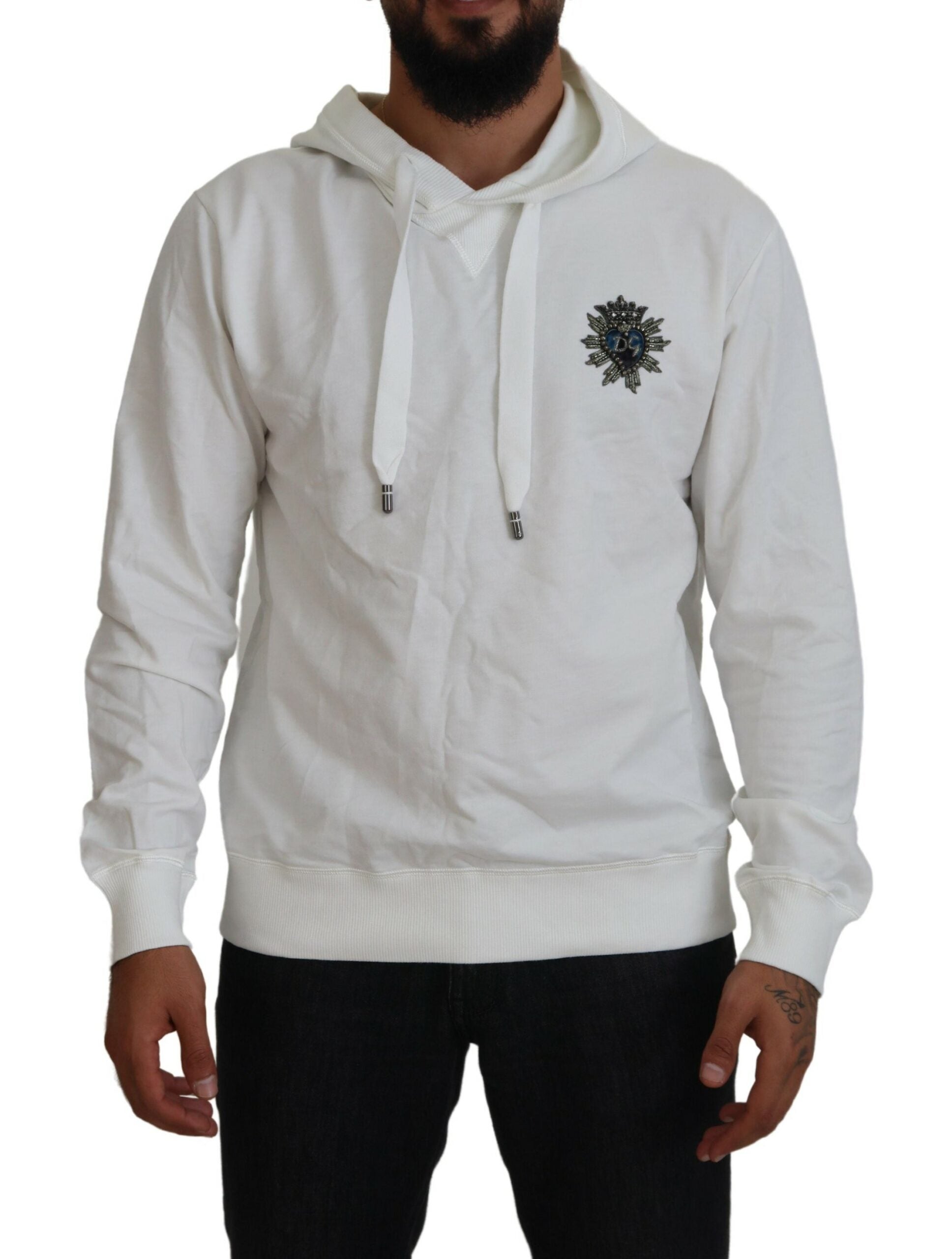 White hoodie with zipper pulls and a logo on the front