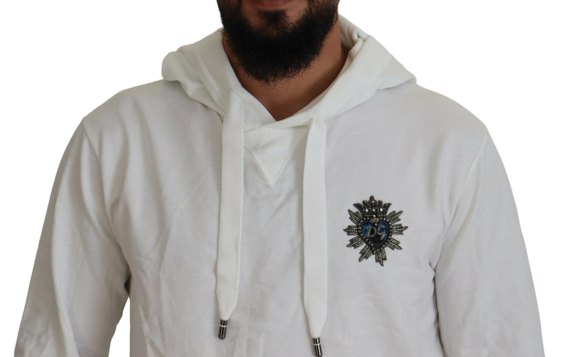 White hoodie with emblem on front