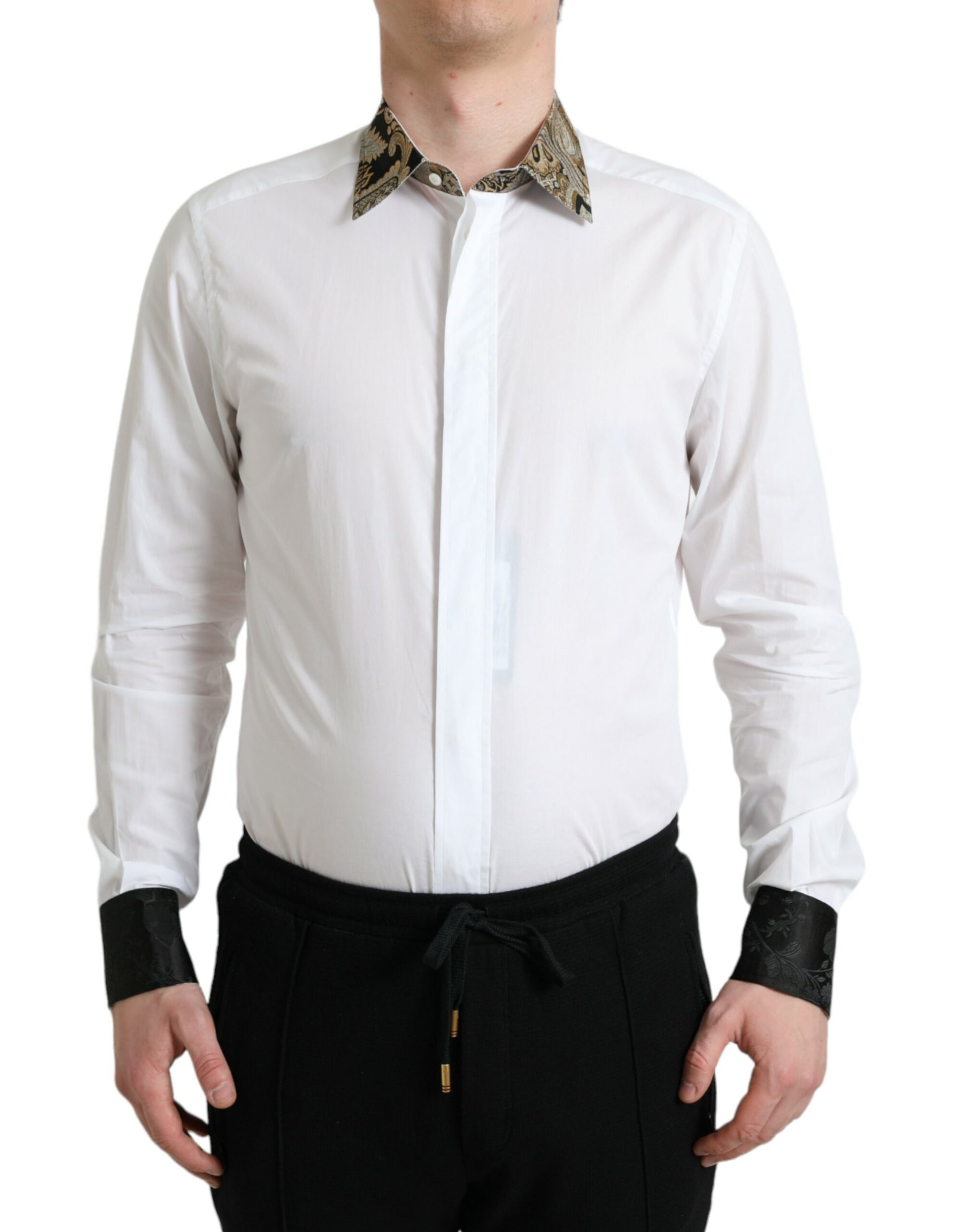 Man wearing white shirt with black collar and cuffs