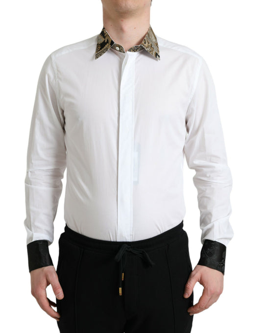 Man wearing white shirt with black collar and cuffs