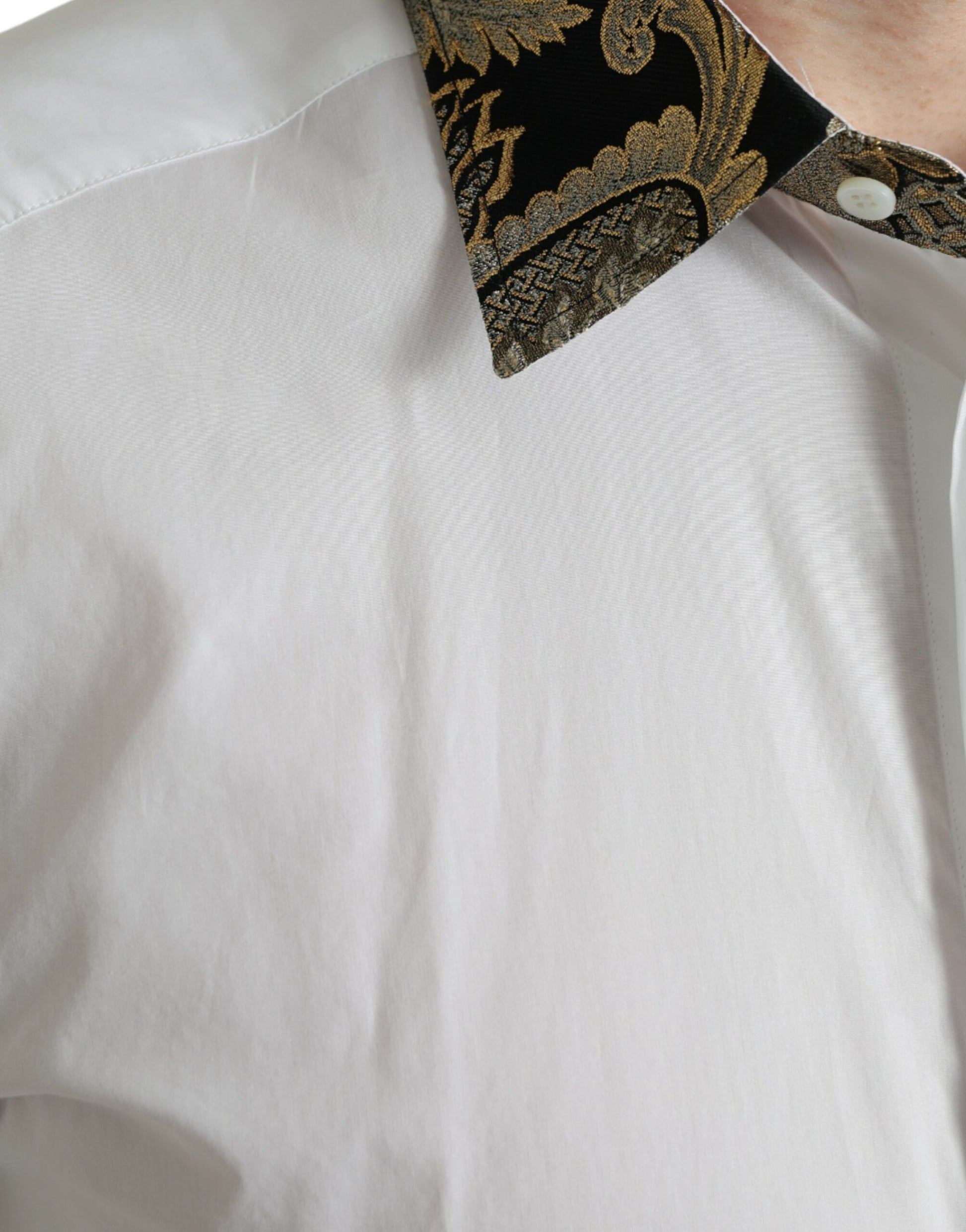 White shirt with gold patterned collar