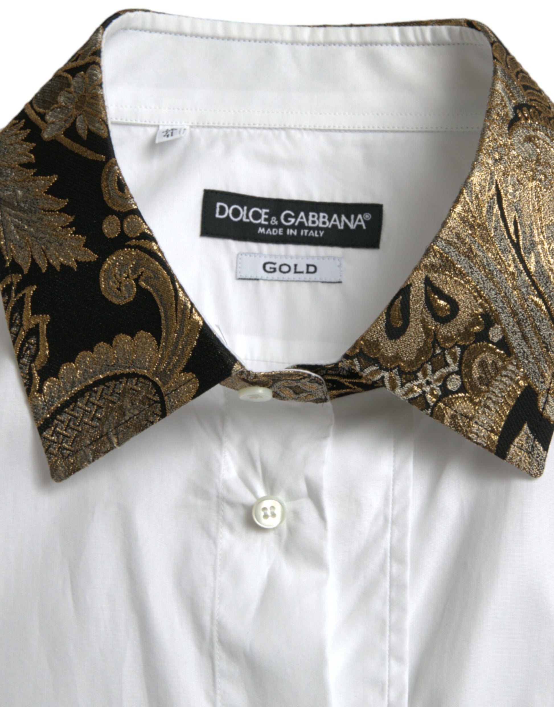 Gold shirt with black and gold patterned collar