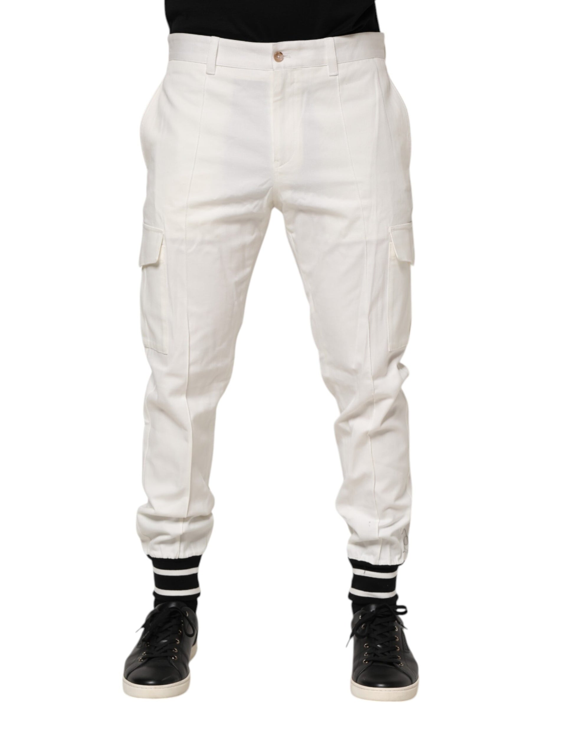 White cargo pants with pockets on sides
