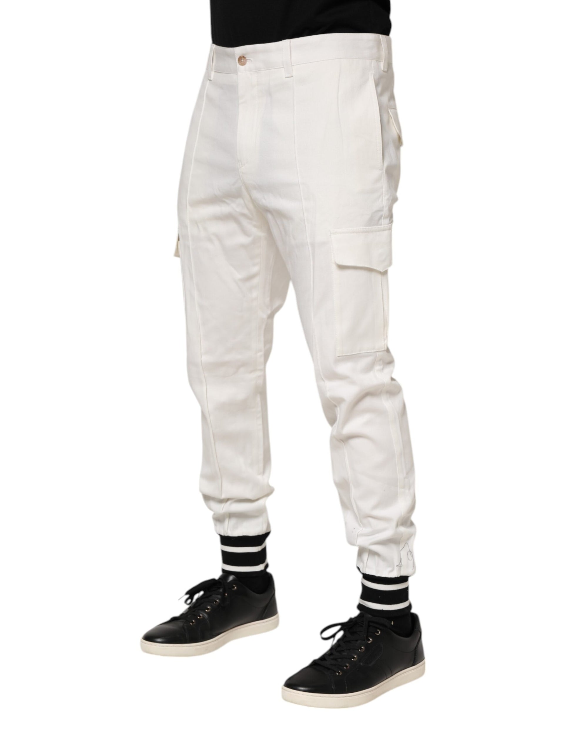 Pair of white cargo pants with pockets on sides