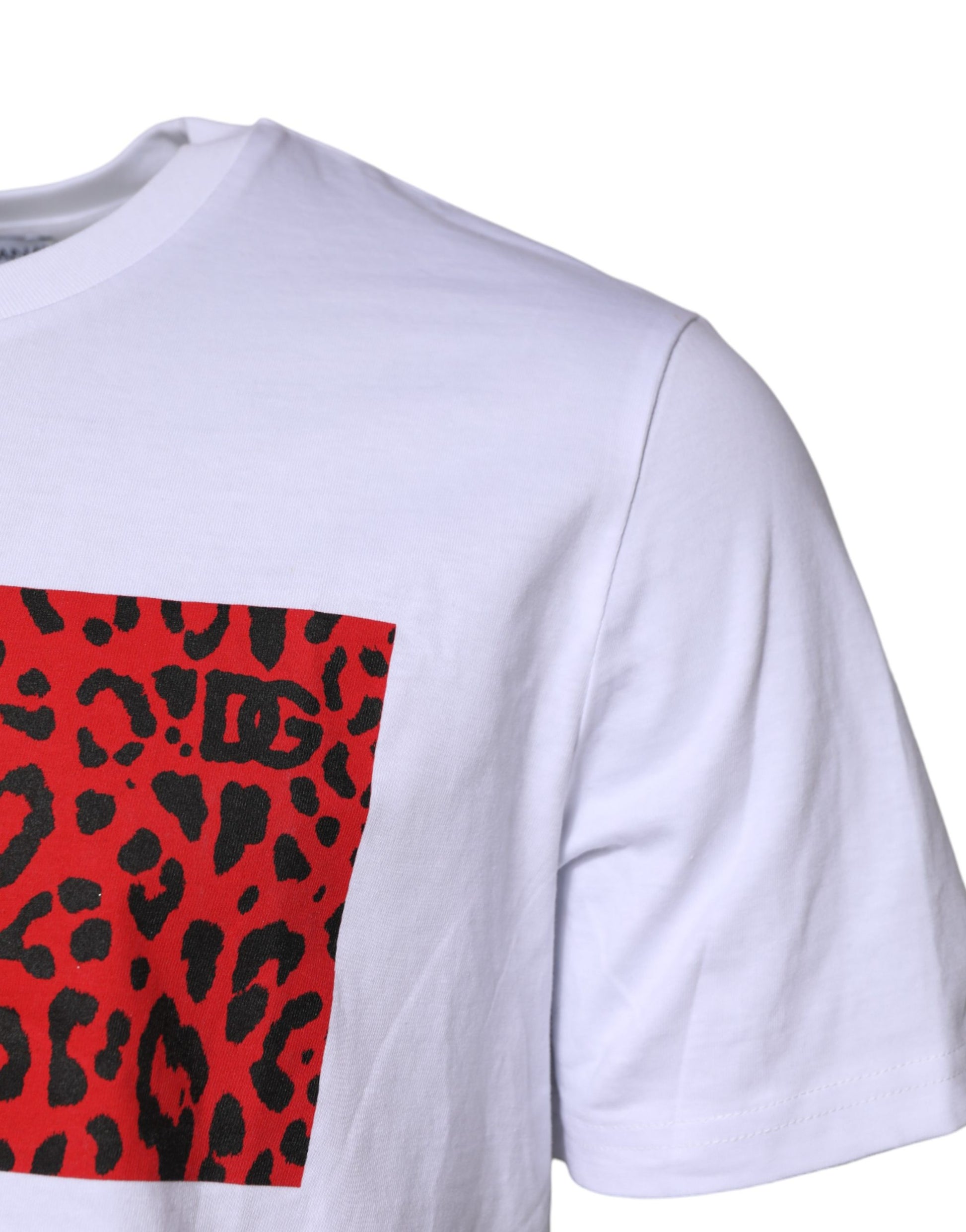 White t-shirt with red and black leopard print on front