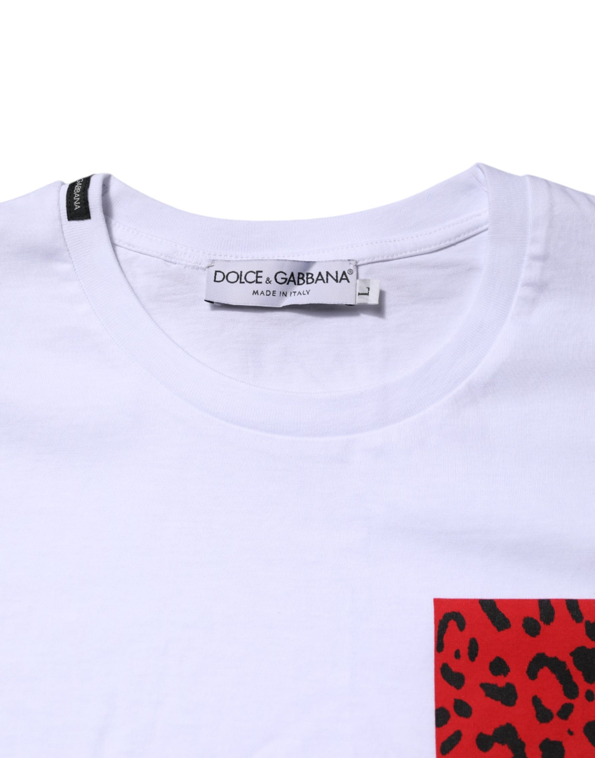 White t-shirt with red and black pattern on front