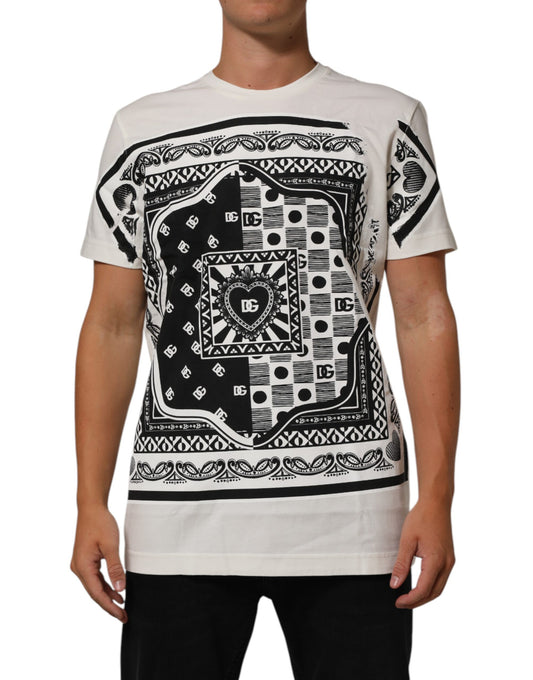 Man wearing graphic t-shirt with black and white design