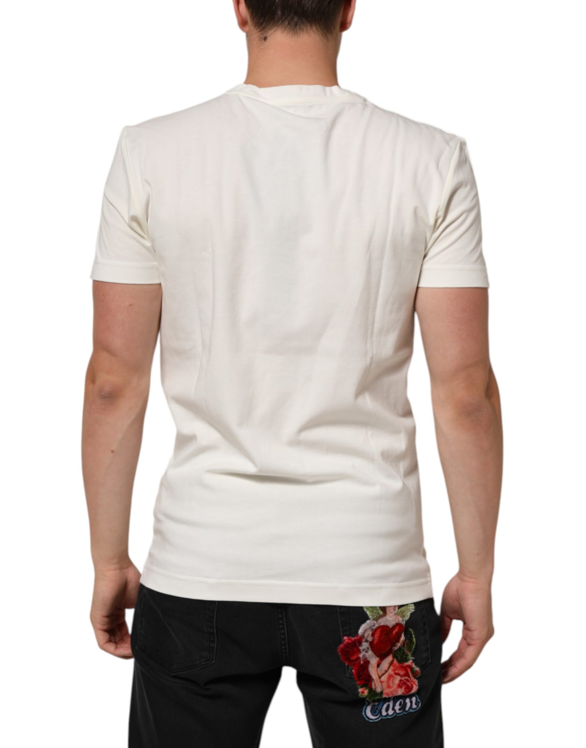 Man wearing white t-shirt with black design on back