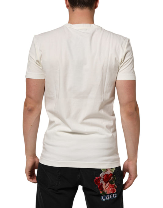 Man wearing white t-shirt with black design on back