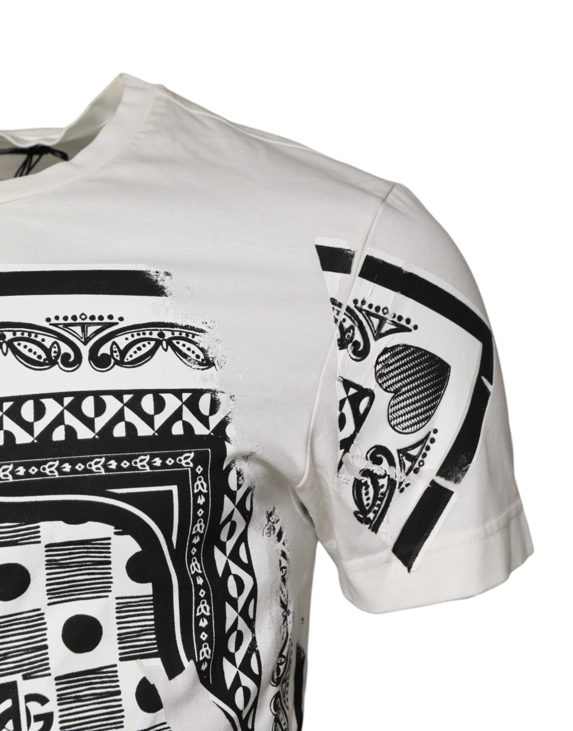 White t-shirt with black tribal design on sleeves