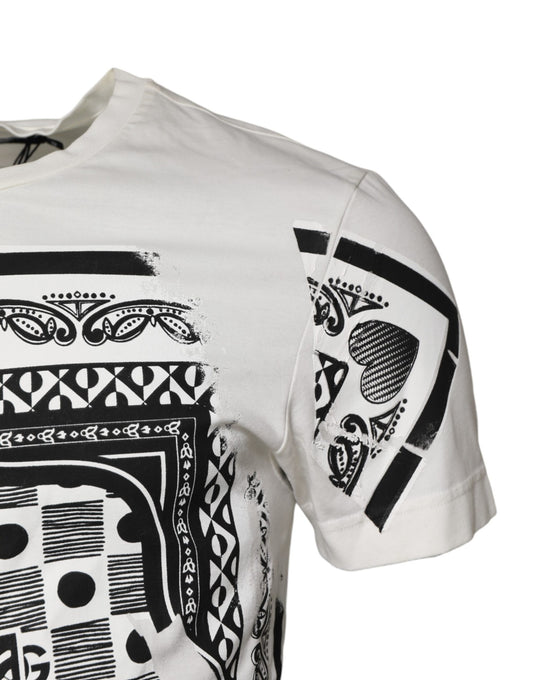 White t-shirt with black tribal design on sleeves
