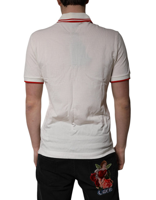 White polo shirt with red stripes on sleeves