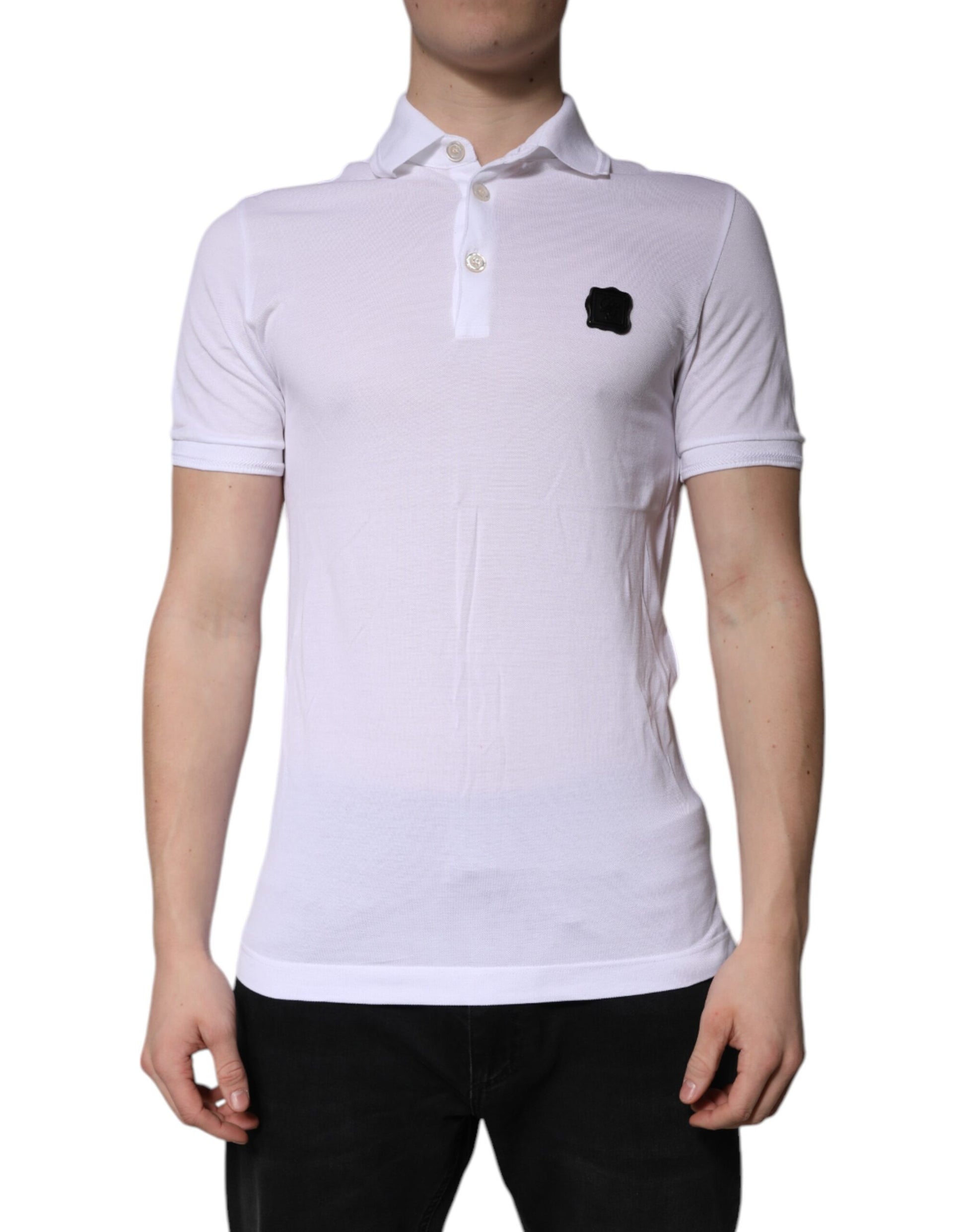 Men's short sleeve polo shirt in white with a small black logo on left chest