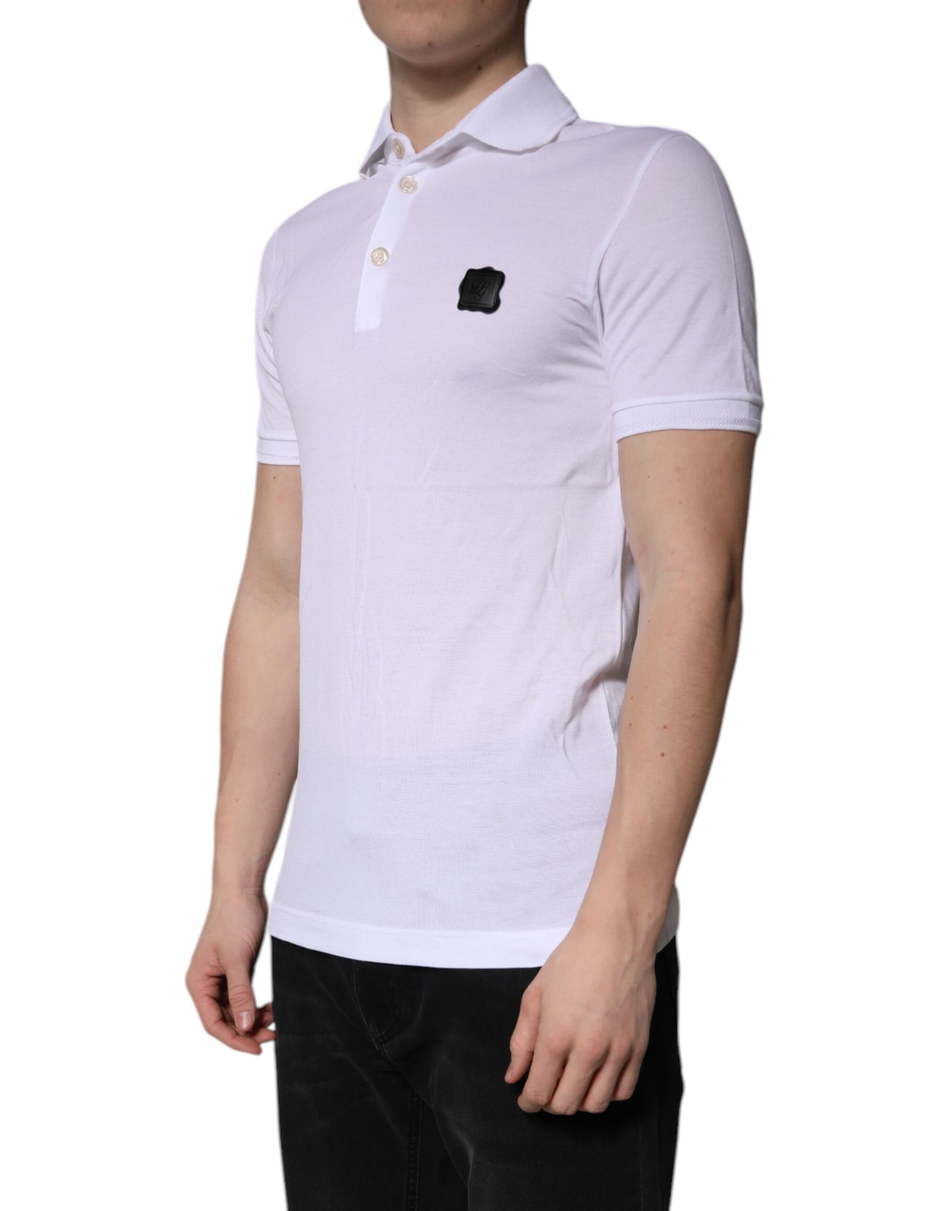 Men's short sleeve polo shirt in white with black logo on left chest