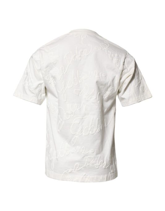 White short sleeve shirt with embroidered writing on back