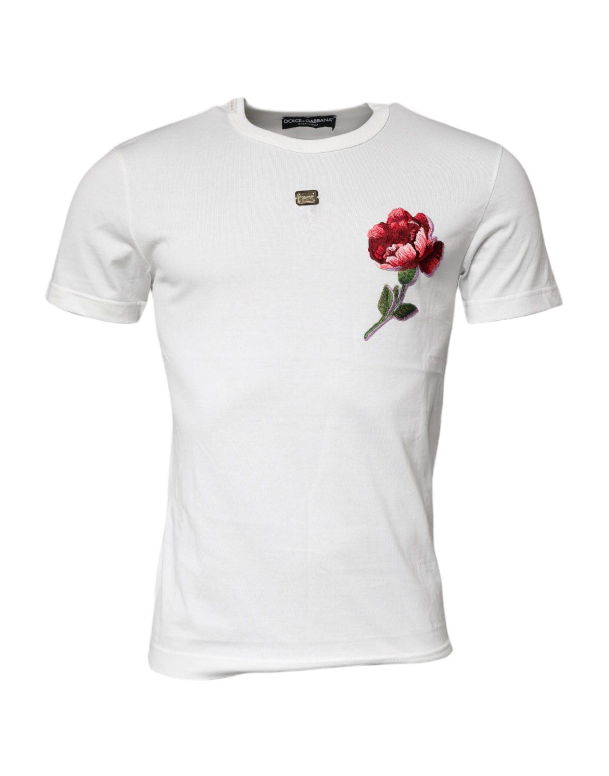 White t-shirt with red rose embroidery on front