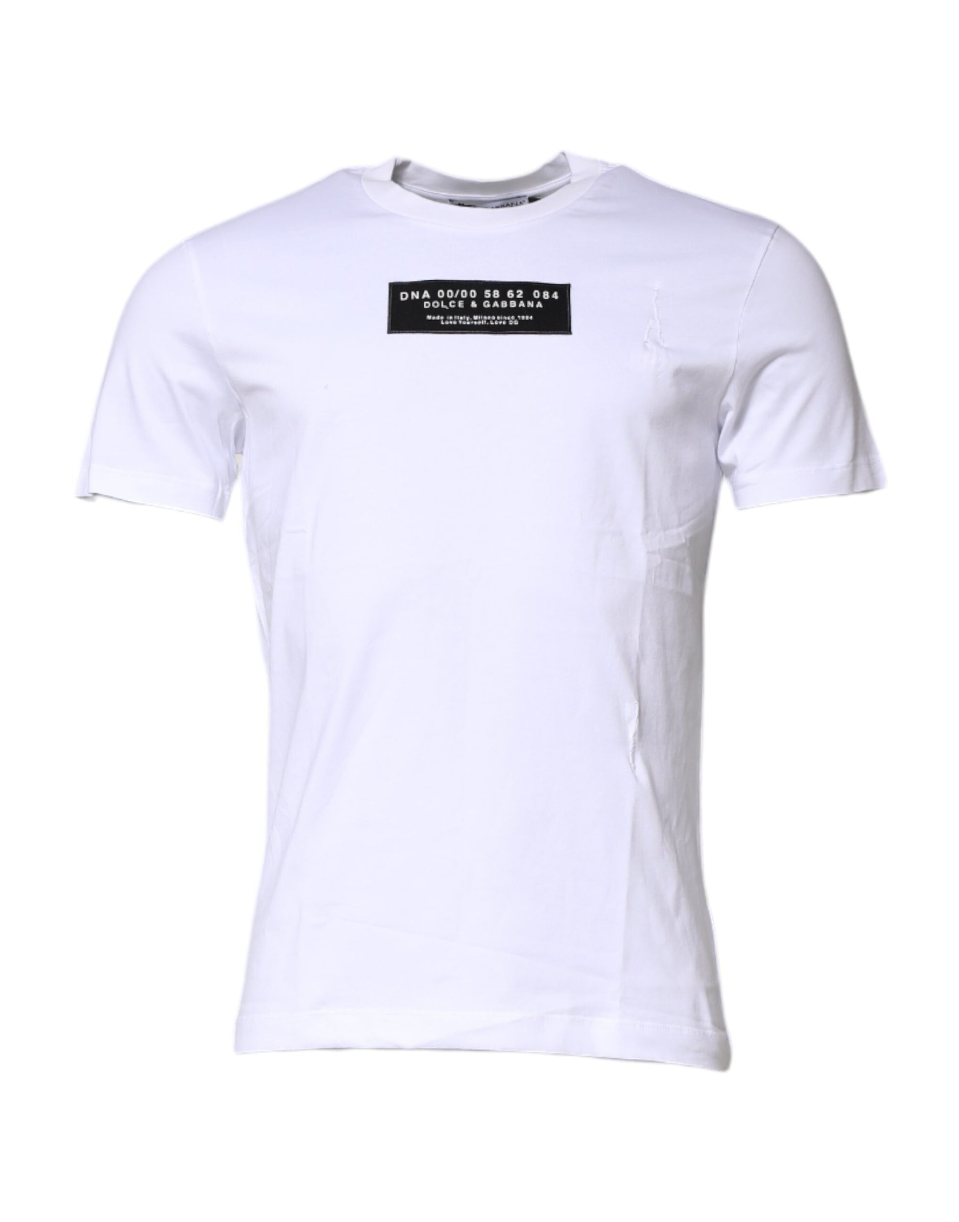White t-shirt with black text on front