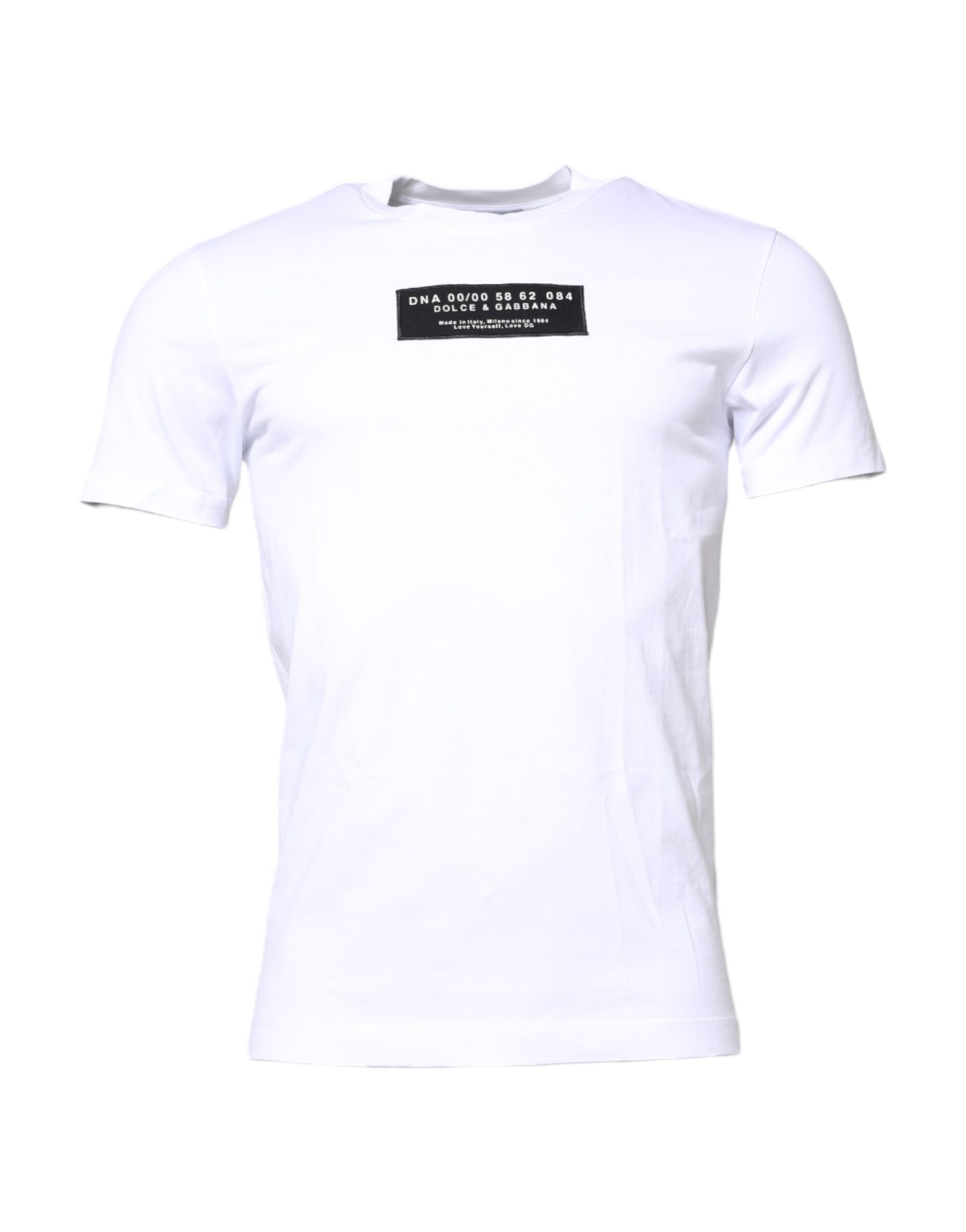 White short sleeve t-shirt with black text on front