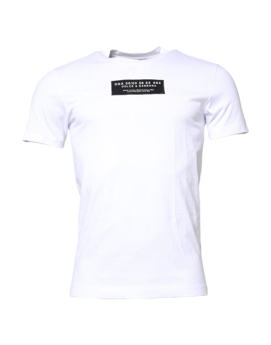 White short sleeve t-shirt with black text on front