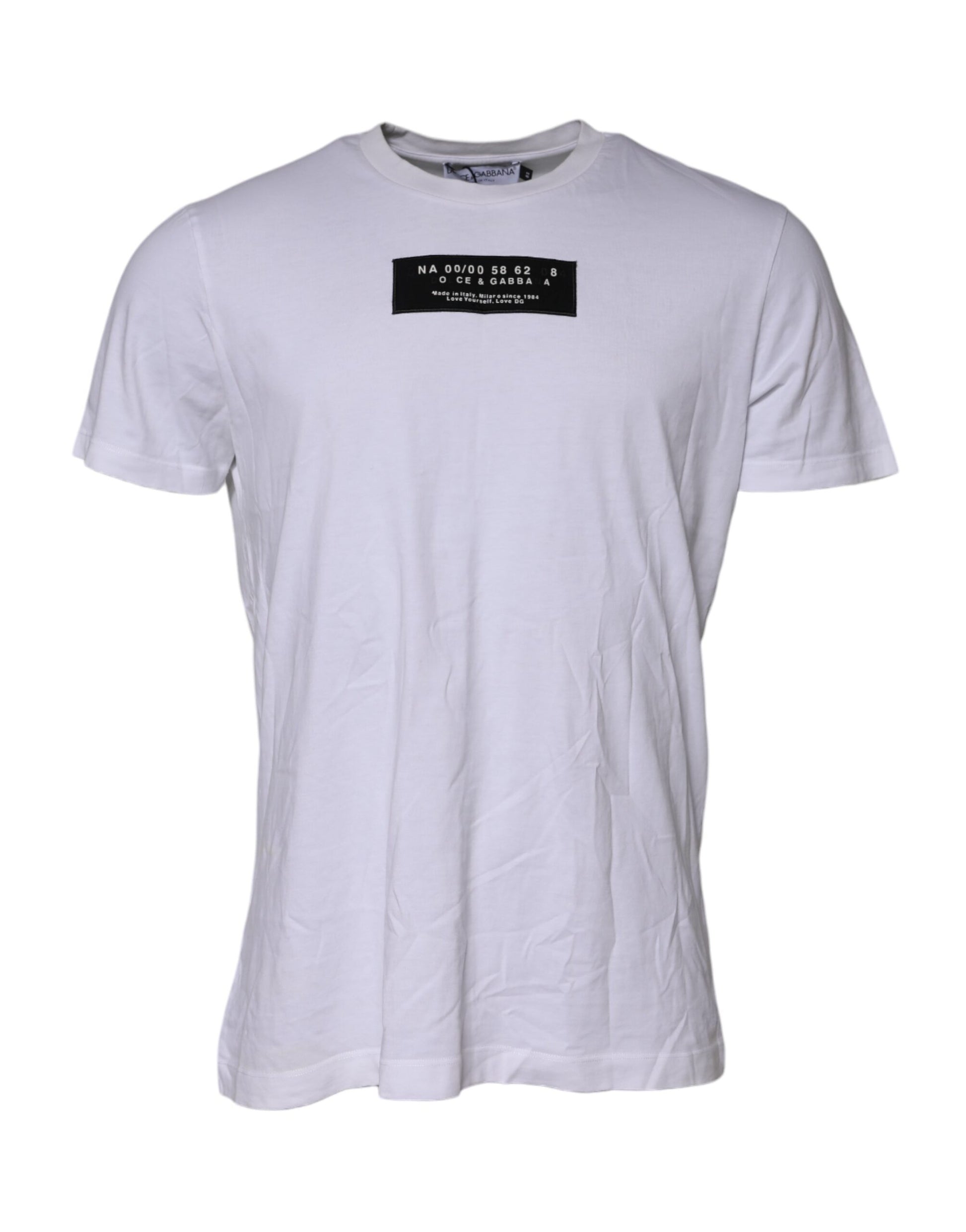 White t-shirt with black text on front