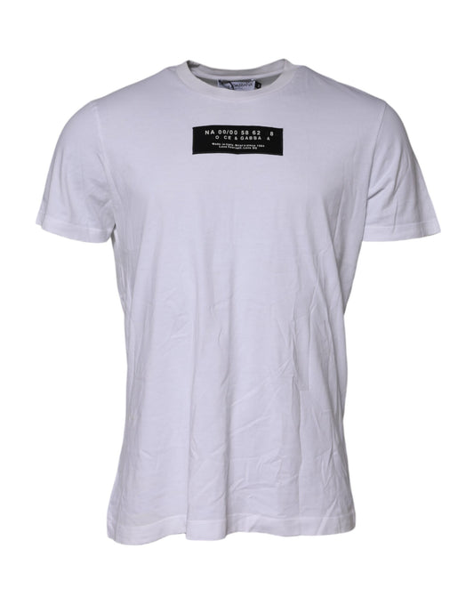 White t-shirt with black text on front