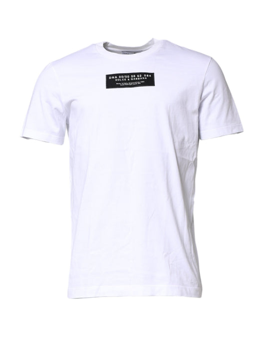 White t-shirt with black text on front