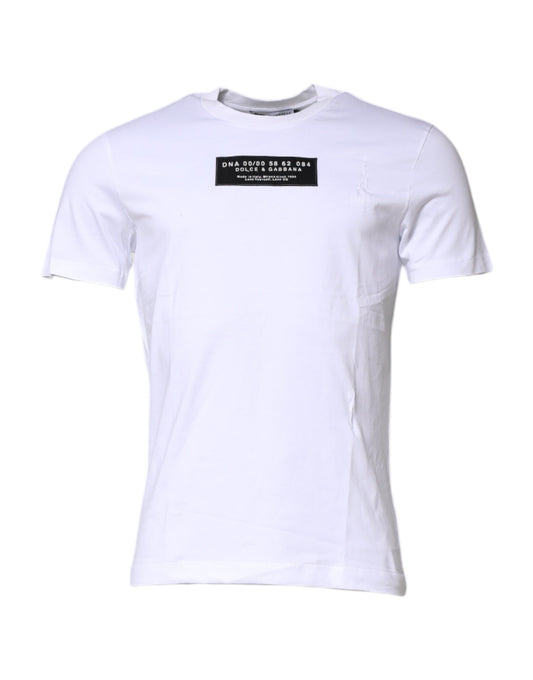 White t-shirt with black text on front
