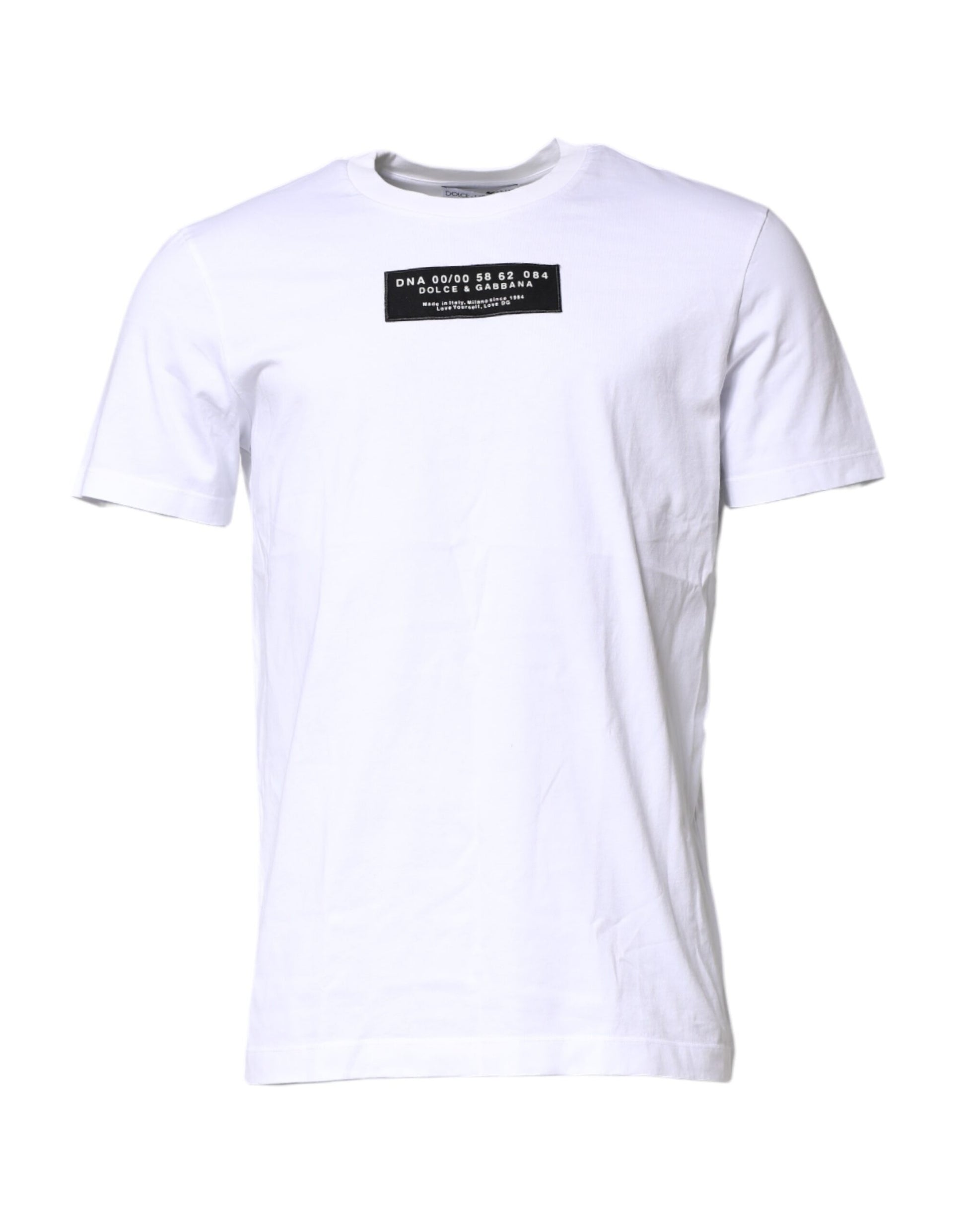 White t-shirt with black text on front