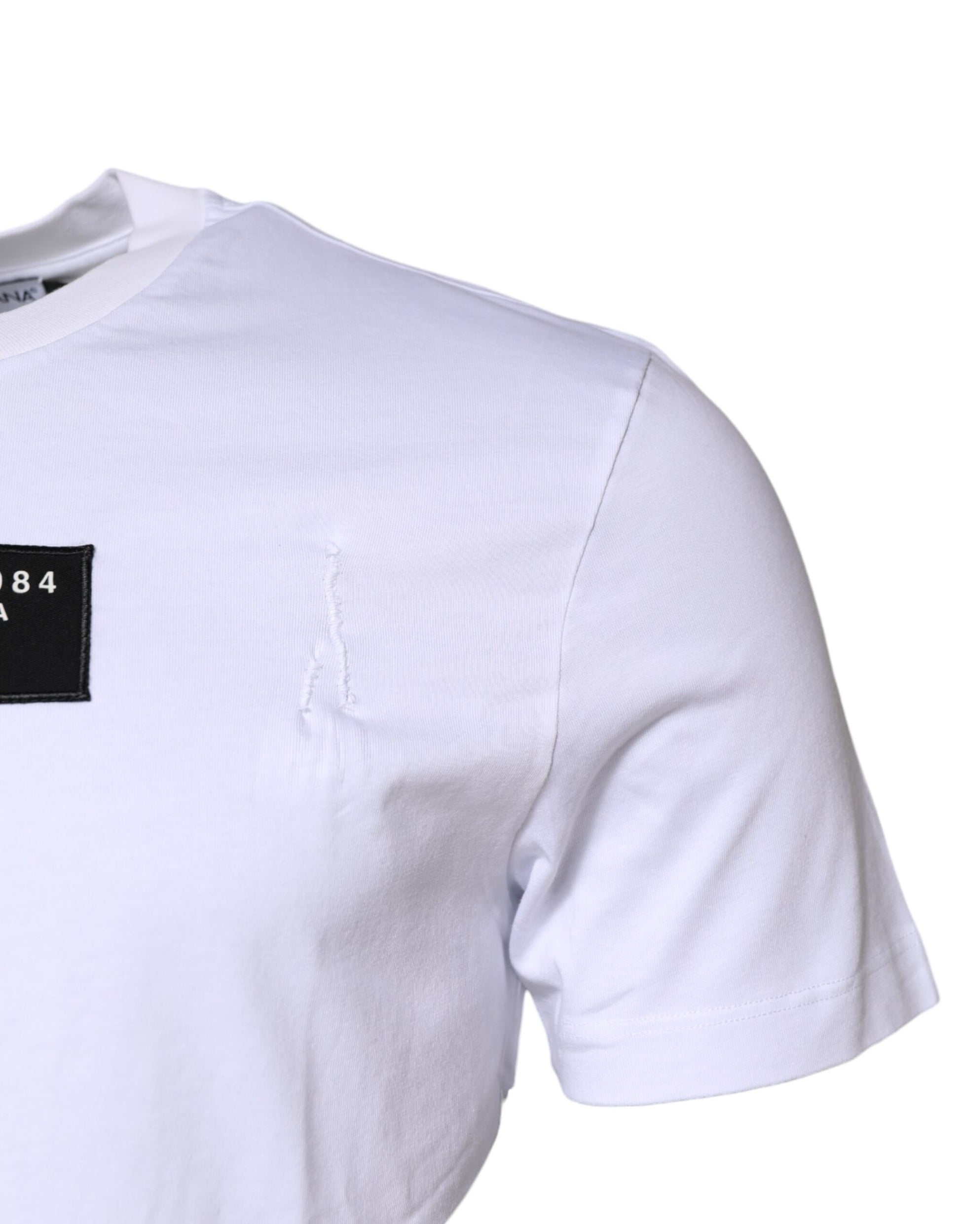 White short sleeved t-shirt with black logo on front