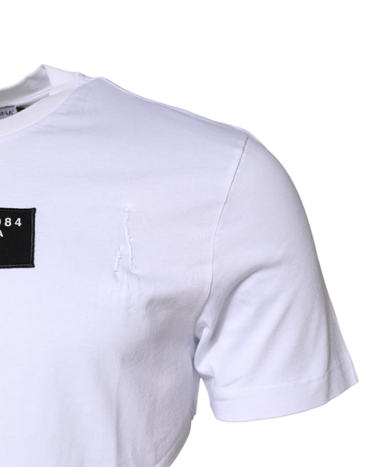 White short sleeved t-shirt with black logo on front