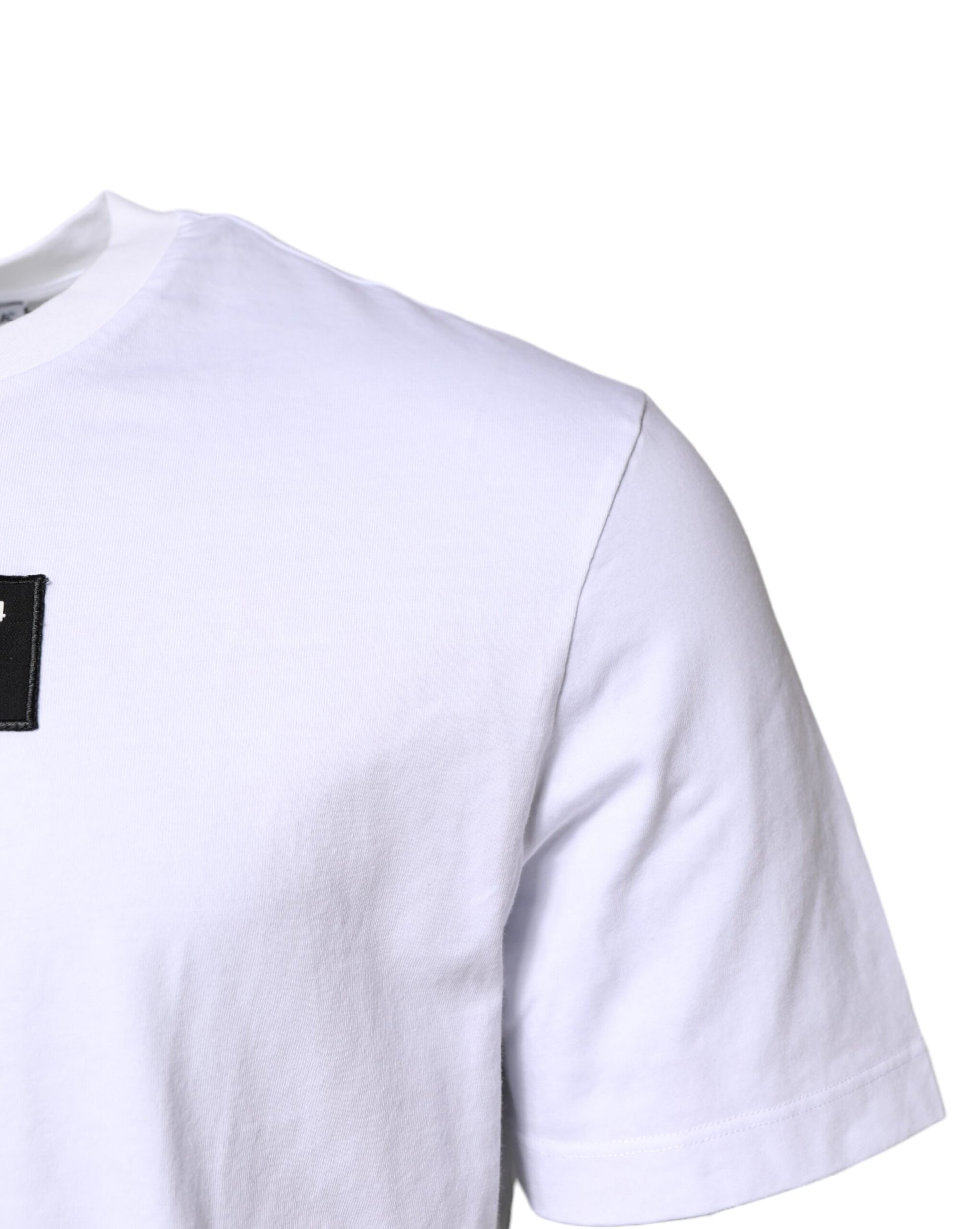 White short sleeved t-shirt with black logo on left chest area