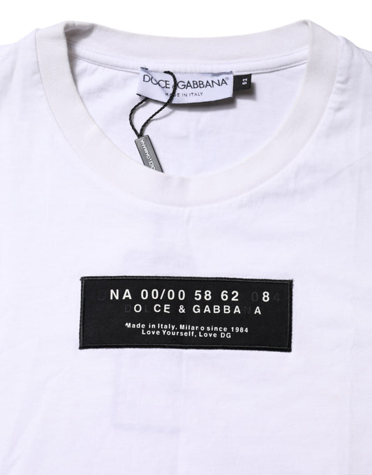 White t-shirt with black lettering and numbers