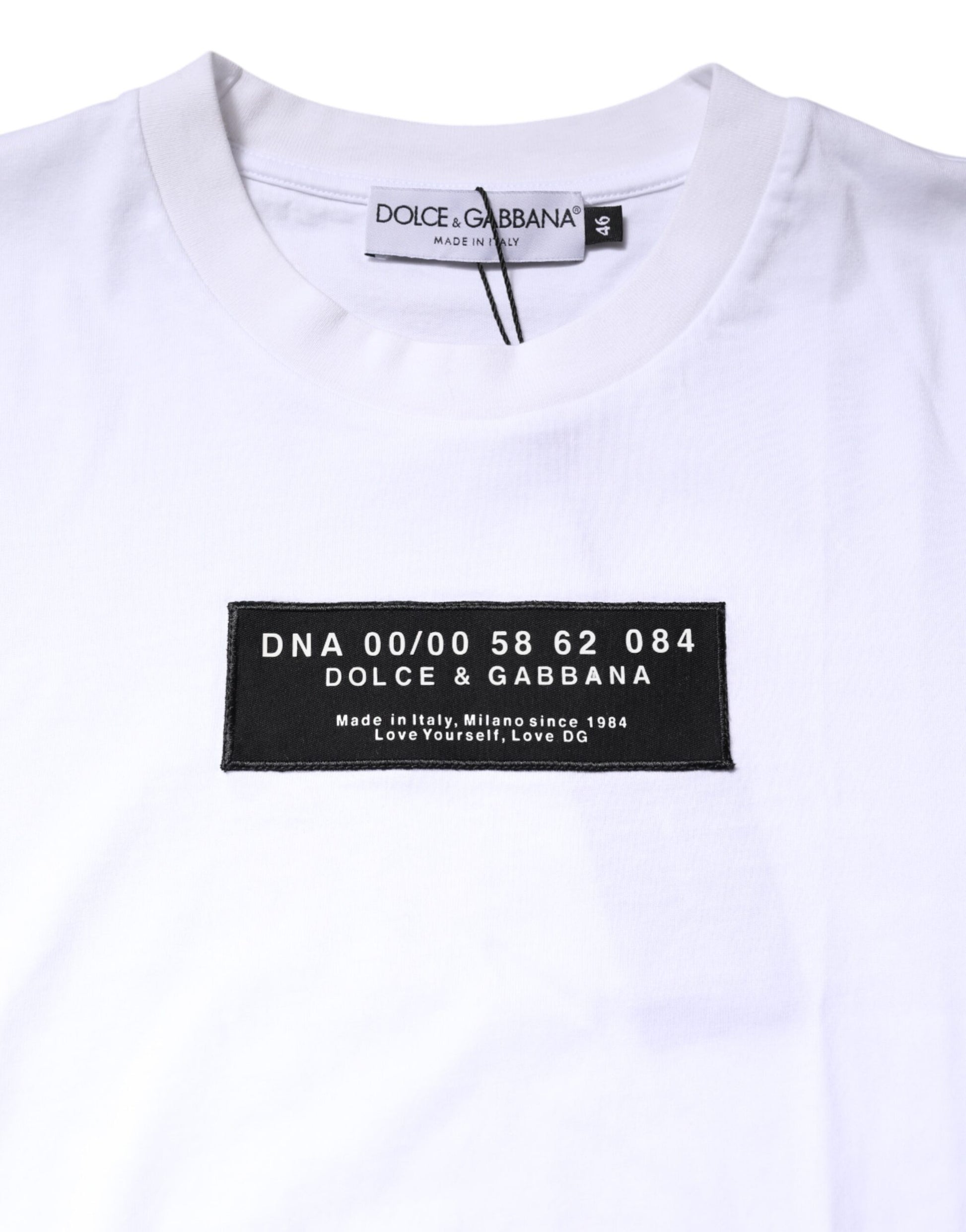 White t-shirt with black text and logo