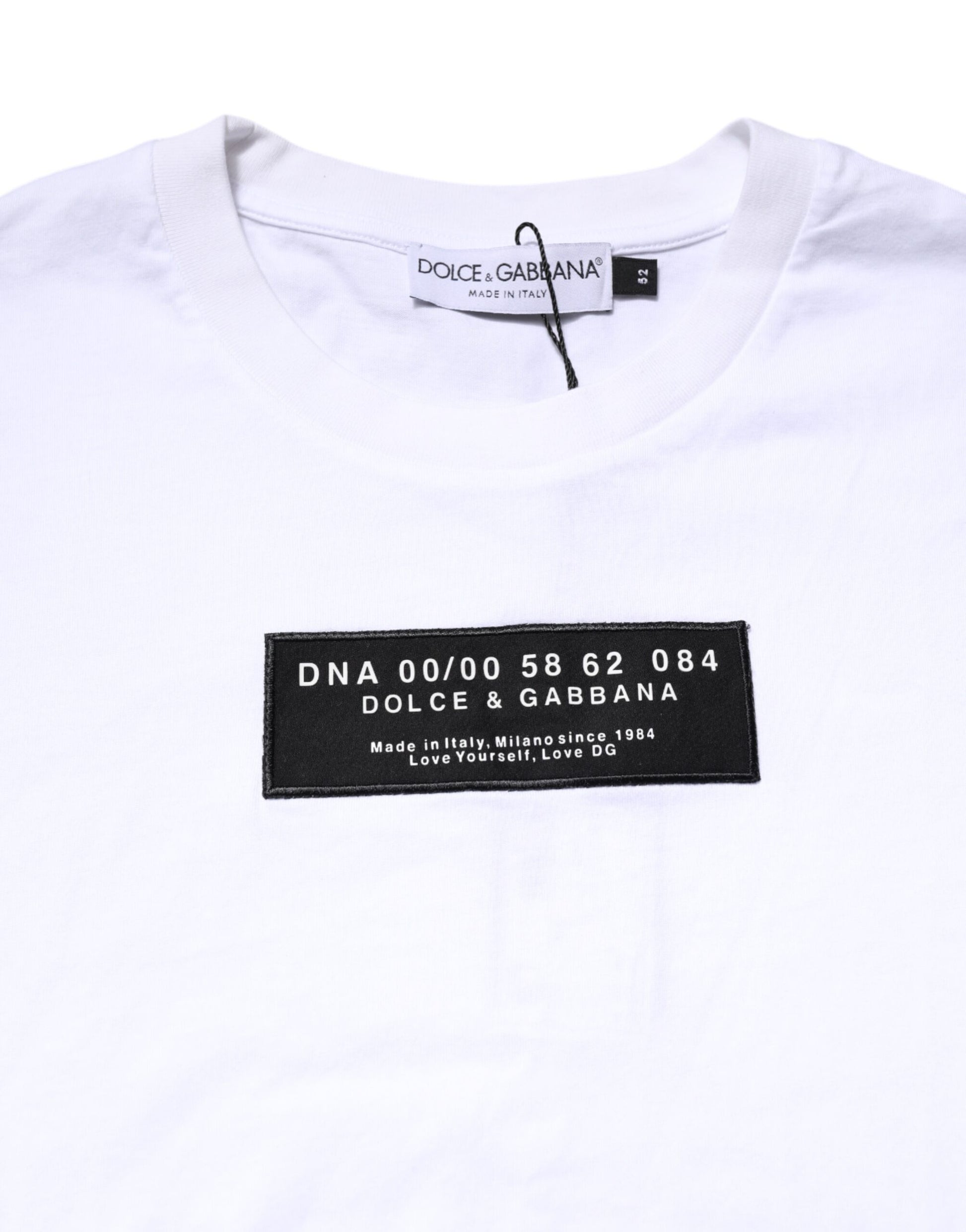 White t-shirt with black text and logo