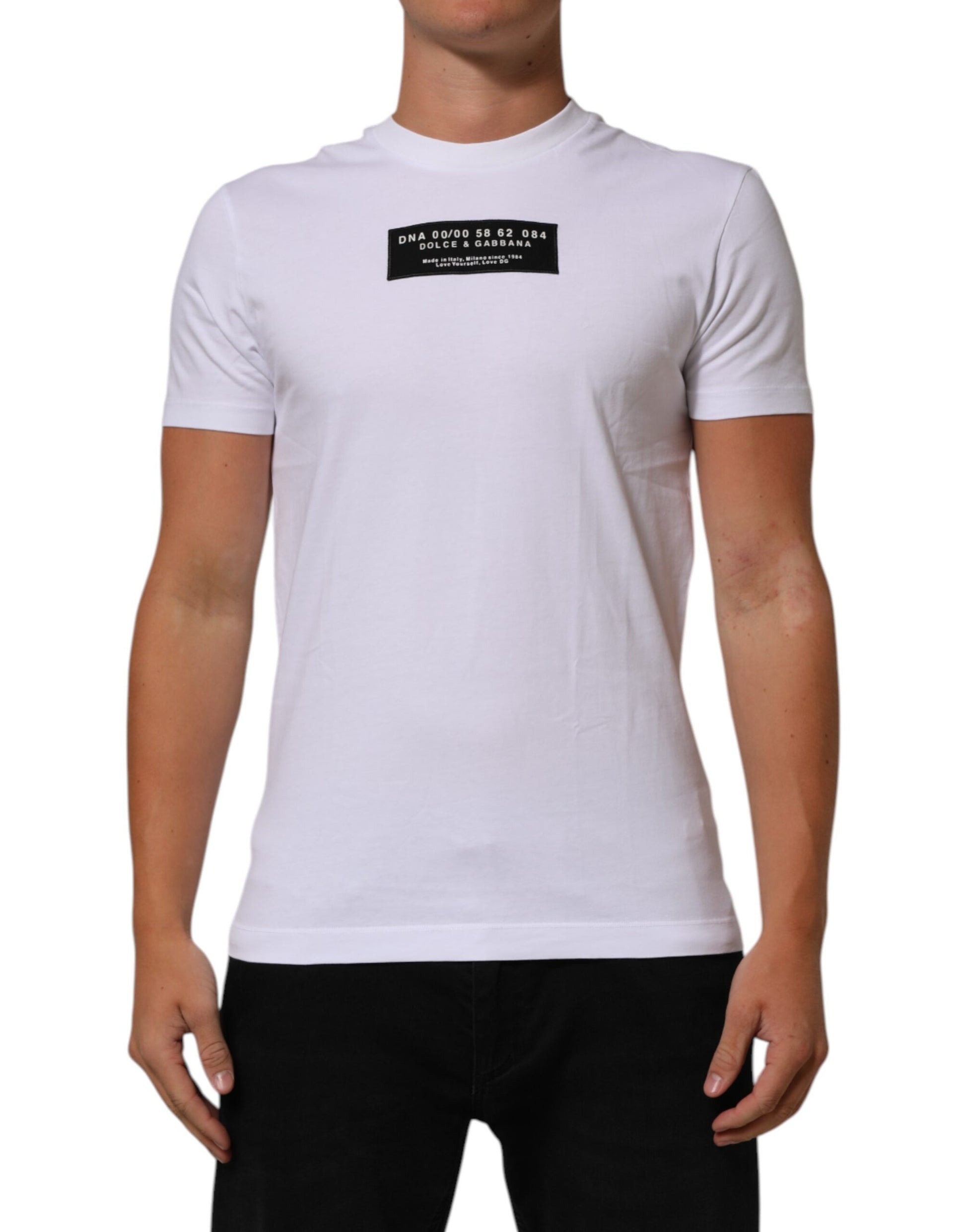 White t-shirt with black text on front