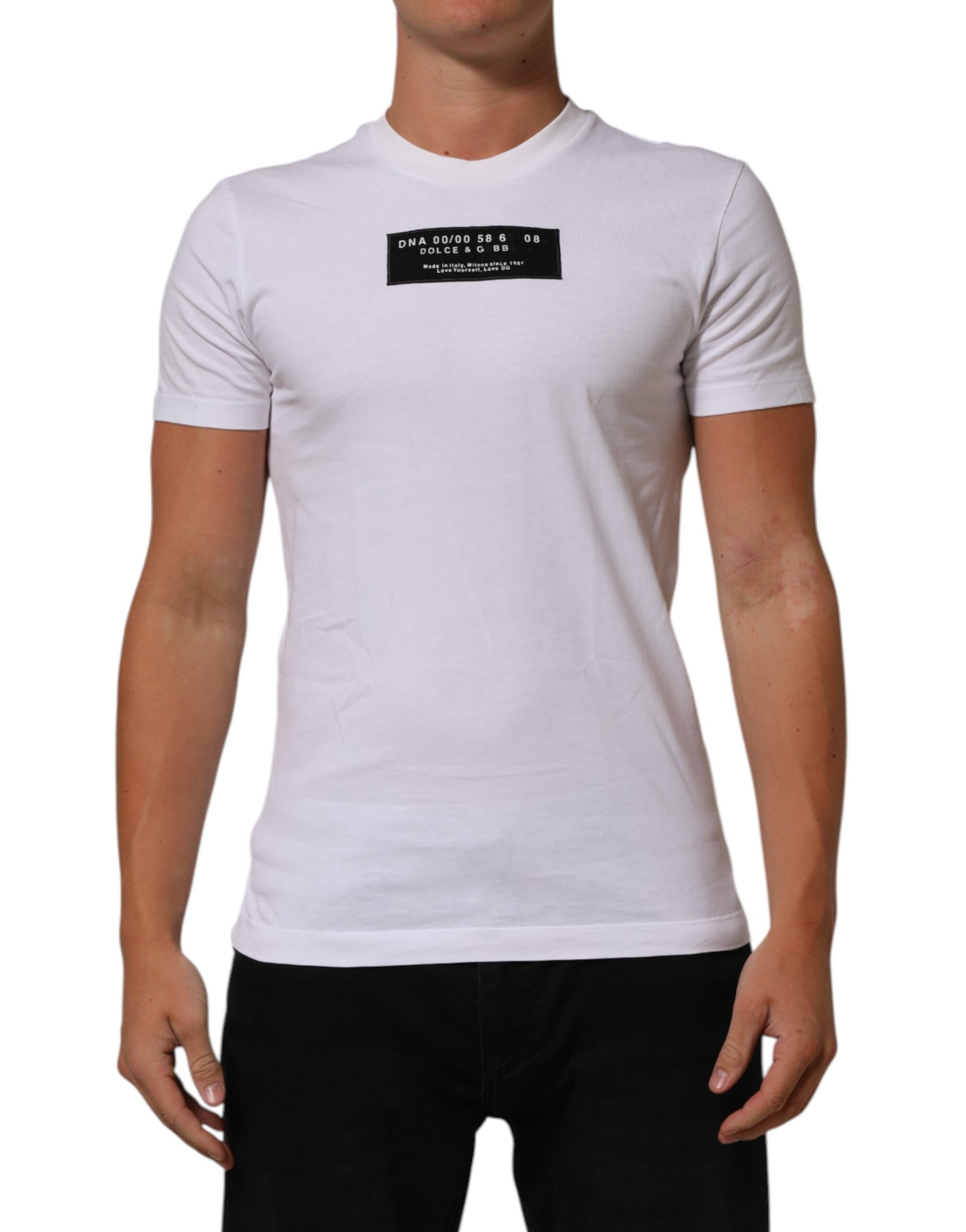 White t-shirt with black text on front