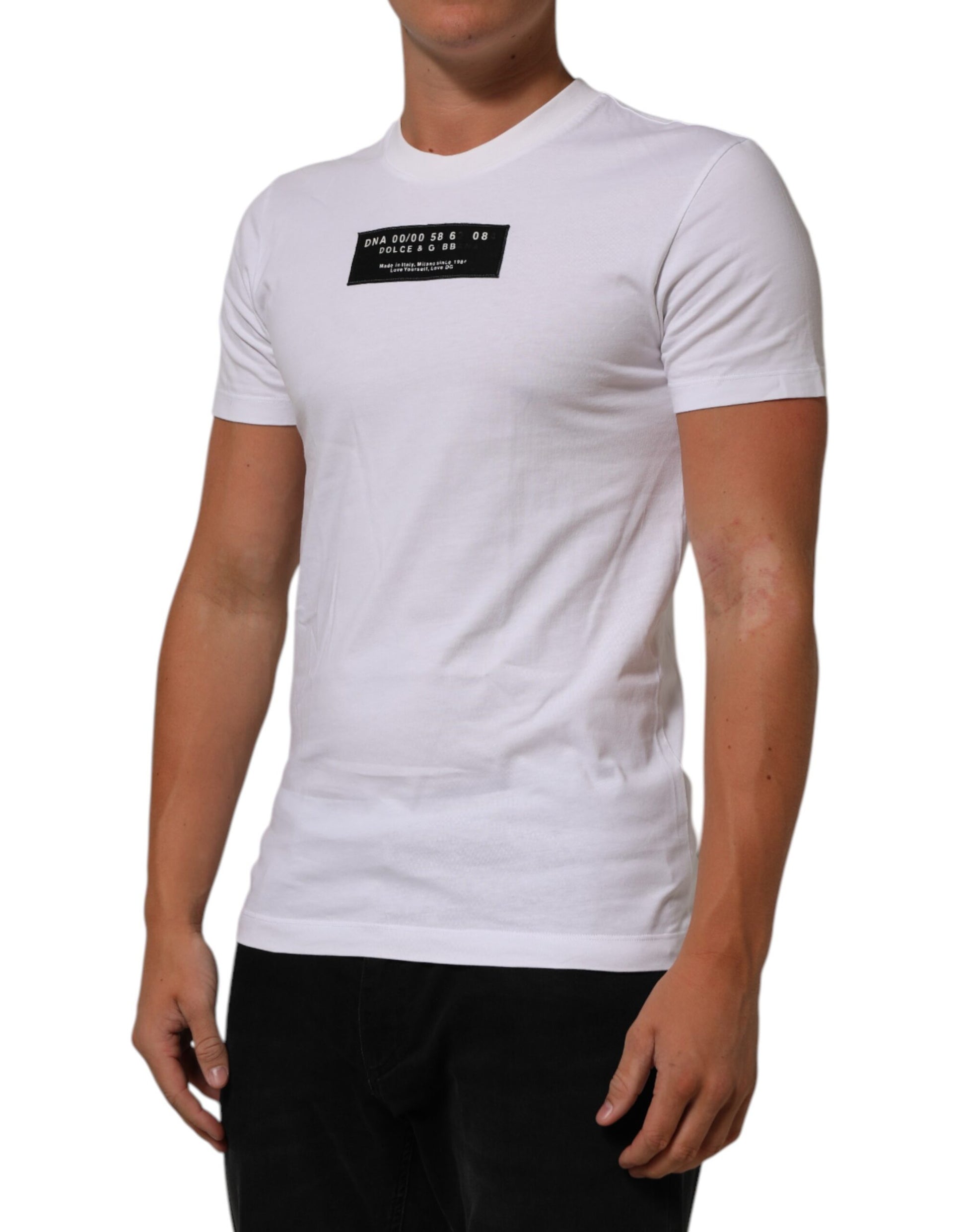 White t-shirt with black lettering on front