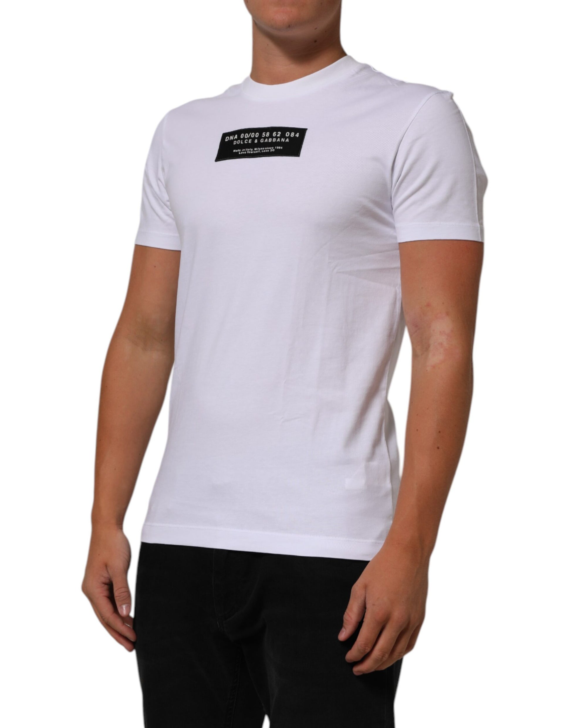 White t-shirt with black text on front