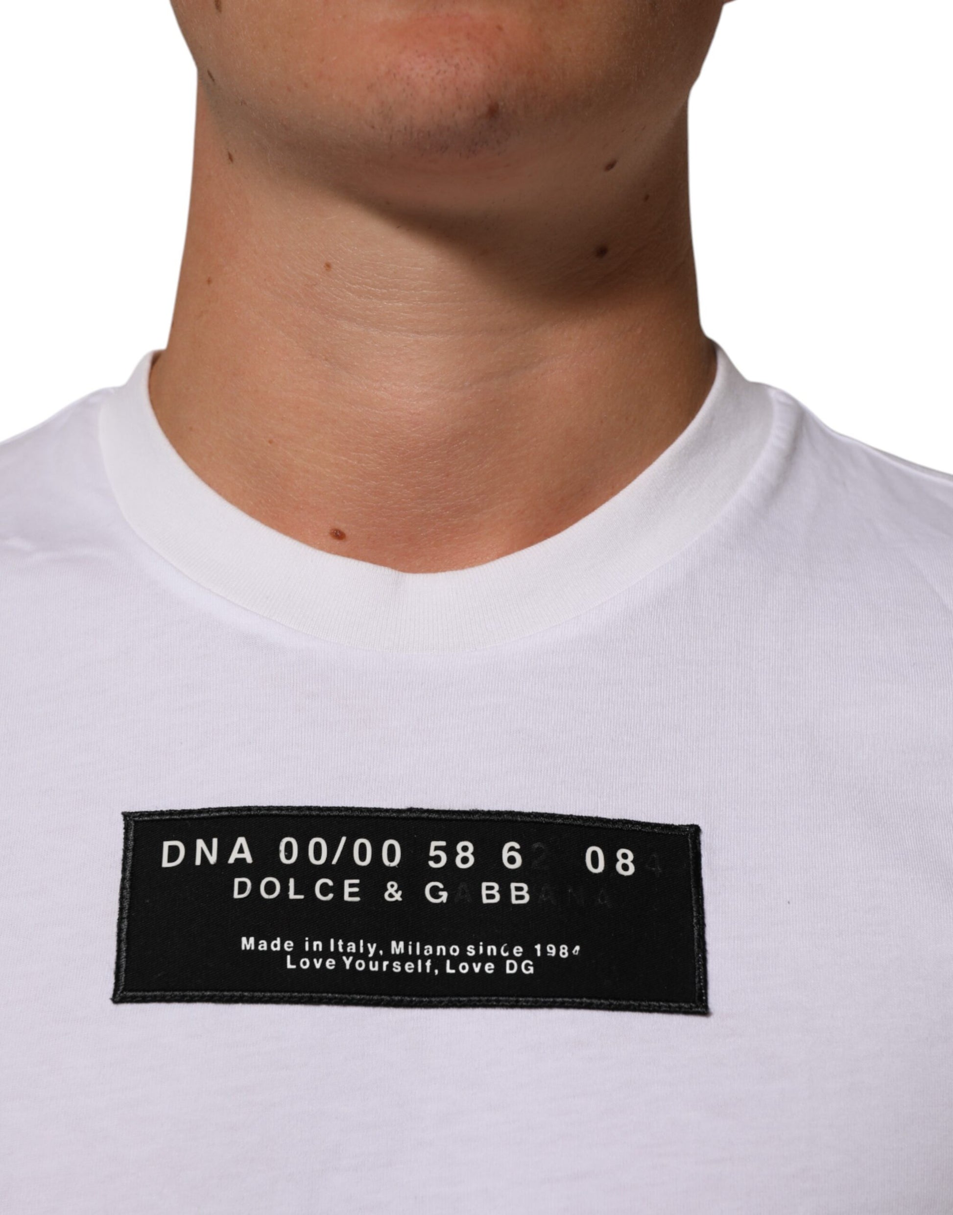 White t-shirt with black DNA tag