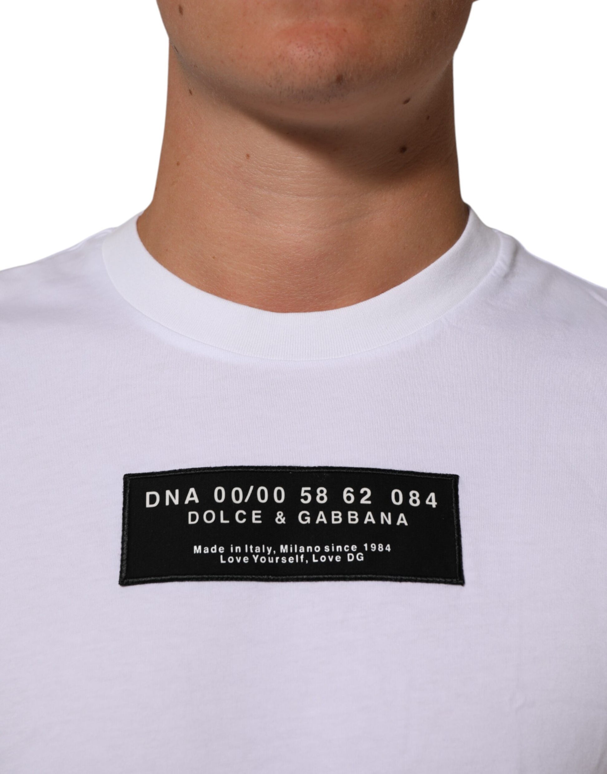 White t-shirt with black text and numbers