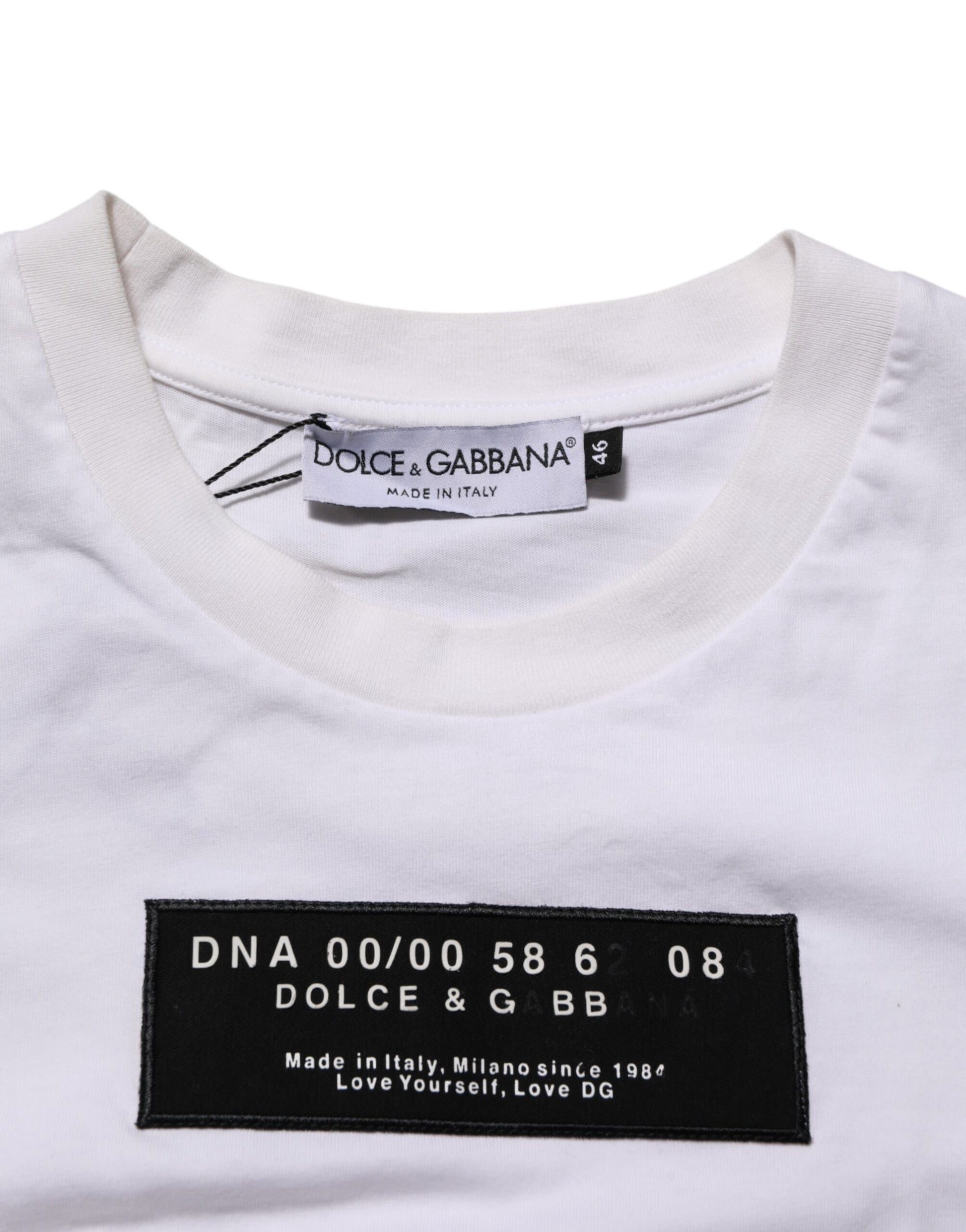 White t-shirt with black label on neck