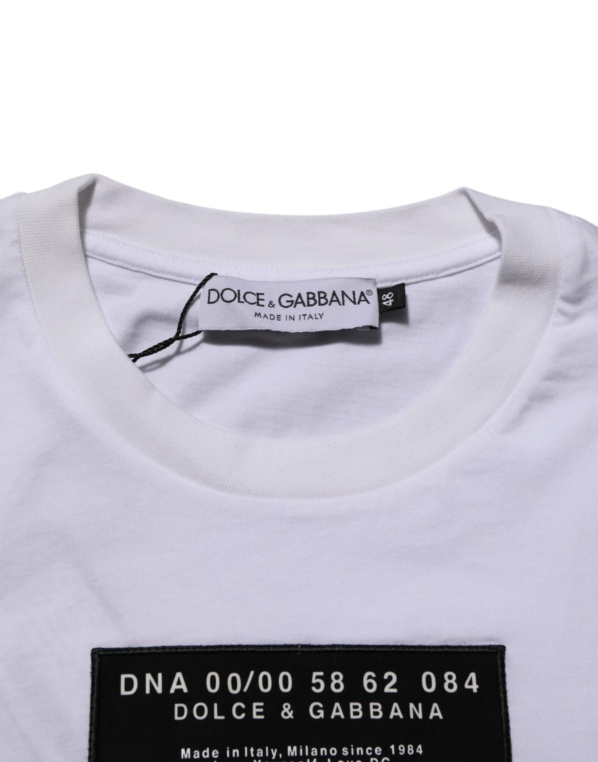 White t-shirt with black logo tag