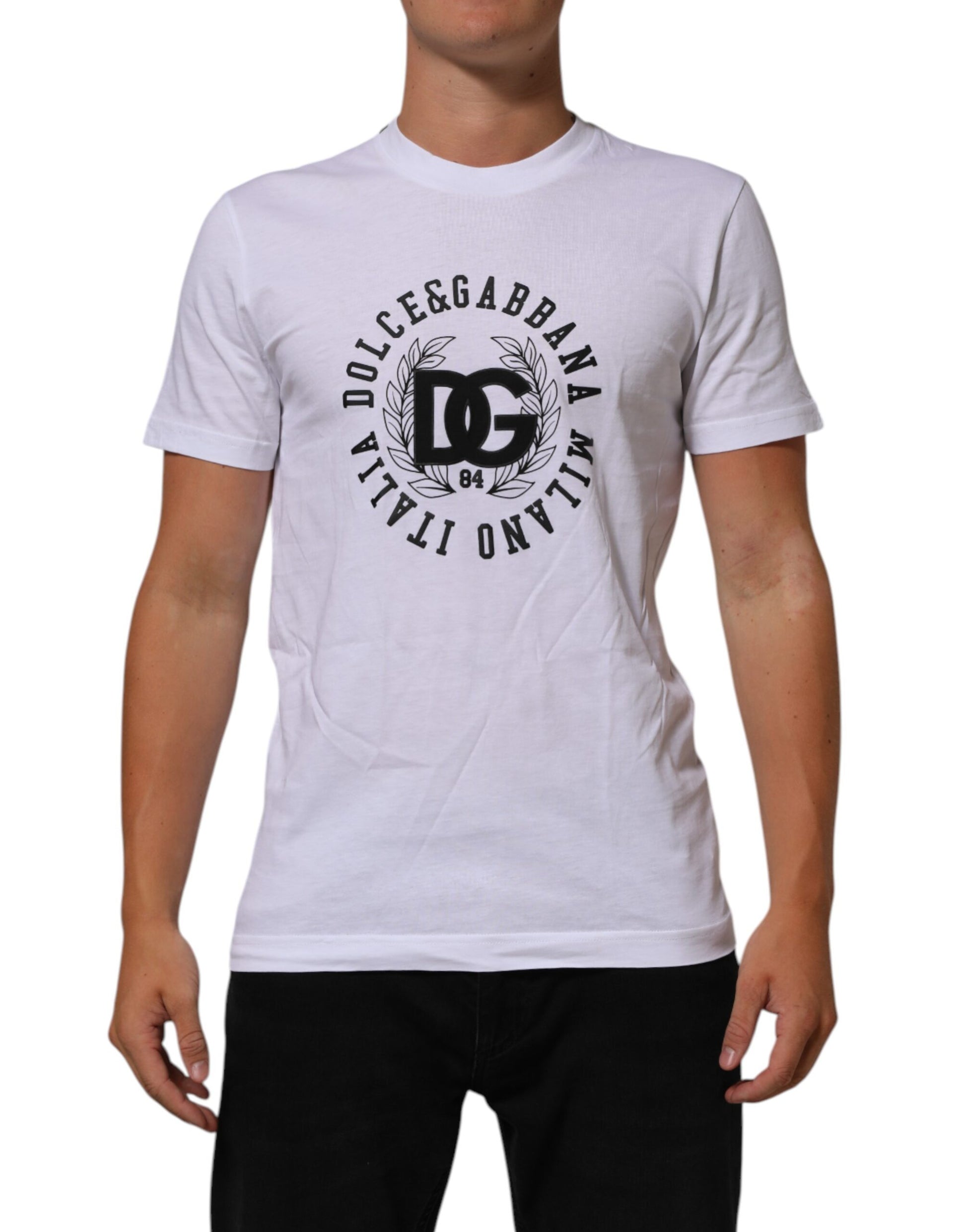 White t-shirt with black graphic design