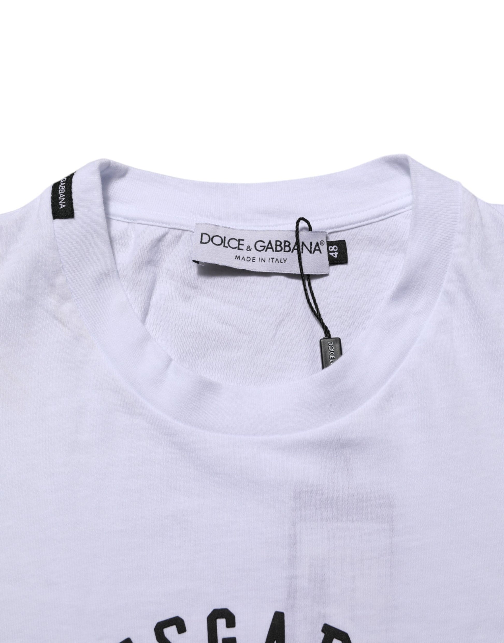 White t-shirt with black logo on front