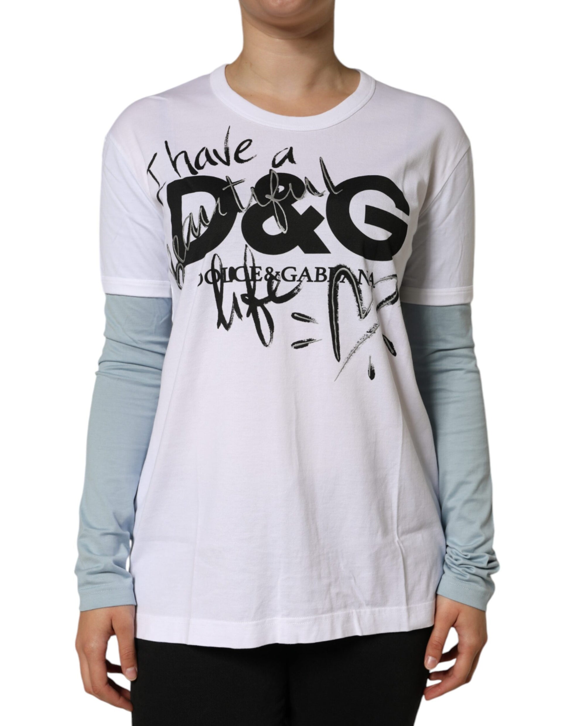 A white cotton t-shirt with a logo print on the front