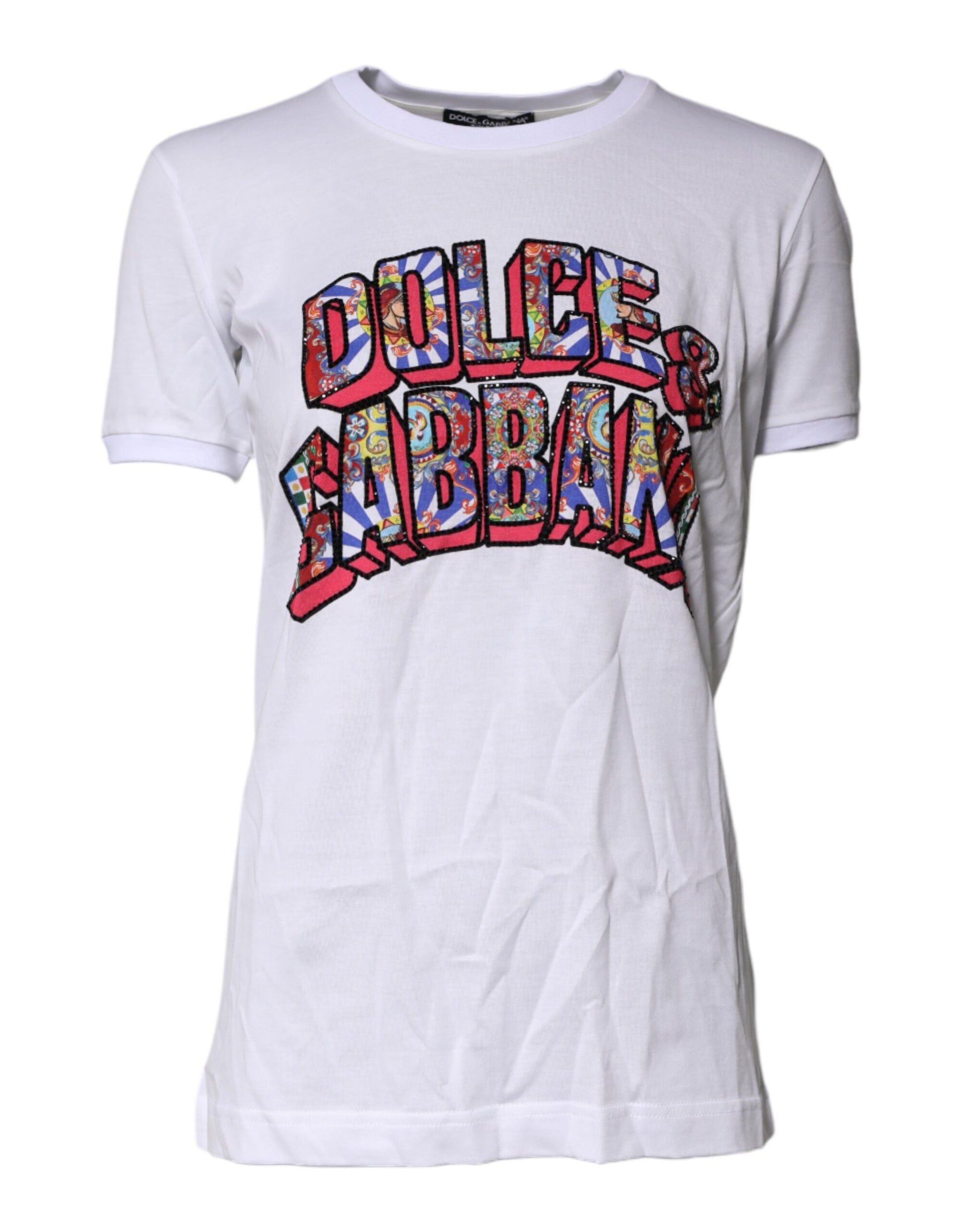 White t-shirt with colorful graphic print