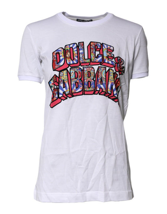 White t-shirt with colorful graphic print